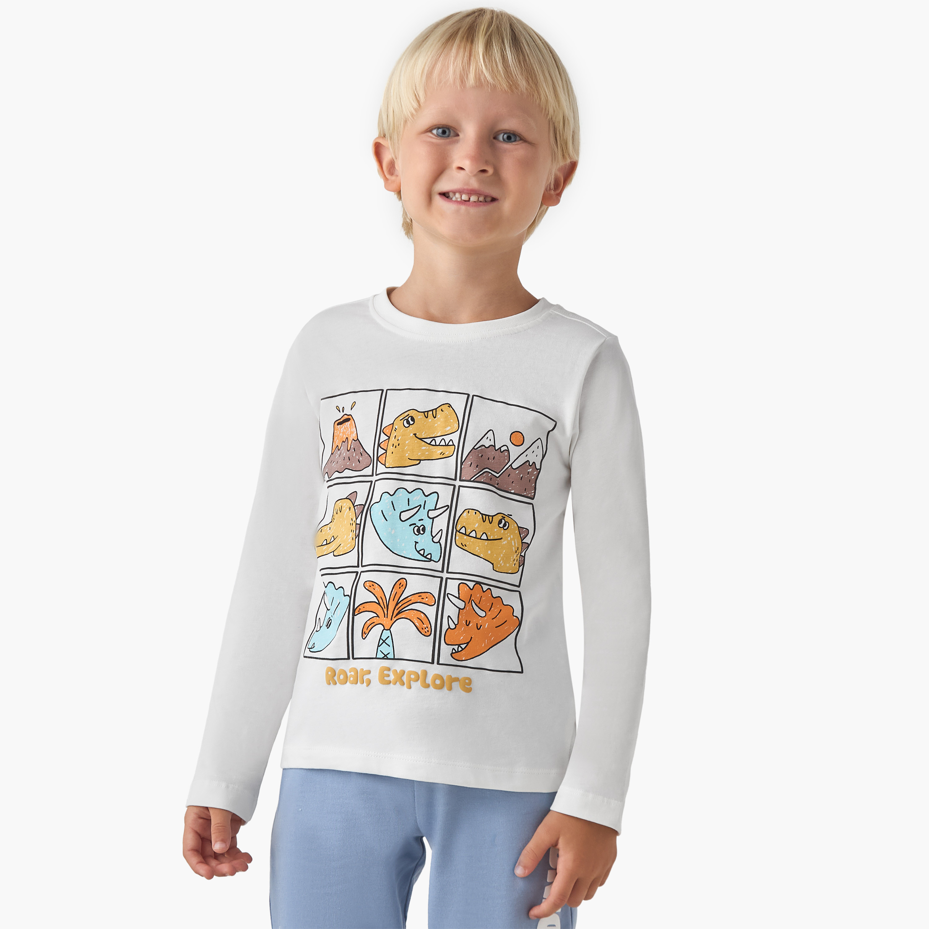 Juniors Boys' Crew Neck T-shirt with Dinosaur Print - Cotton - Long Sleeves-boys-clothing-tshirtsandpolos-image-1