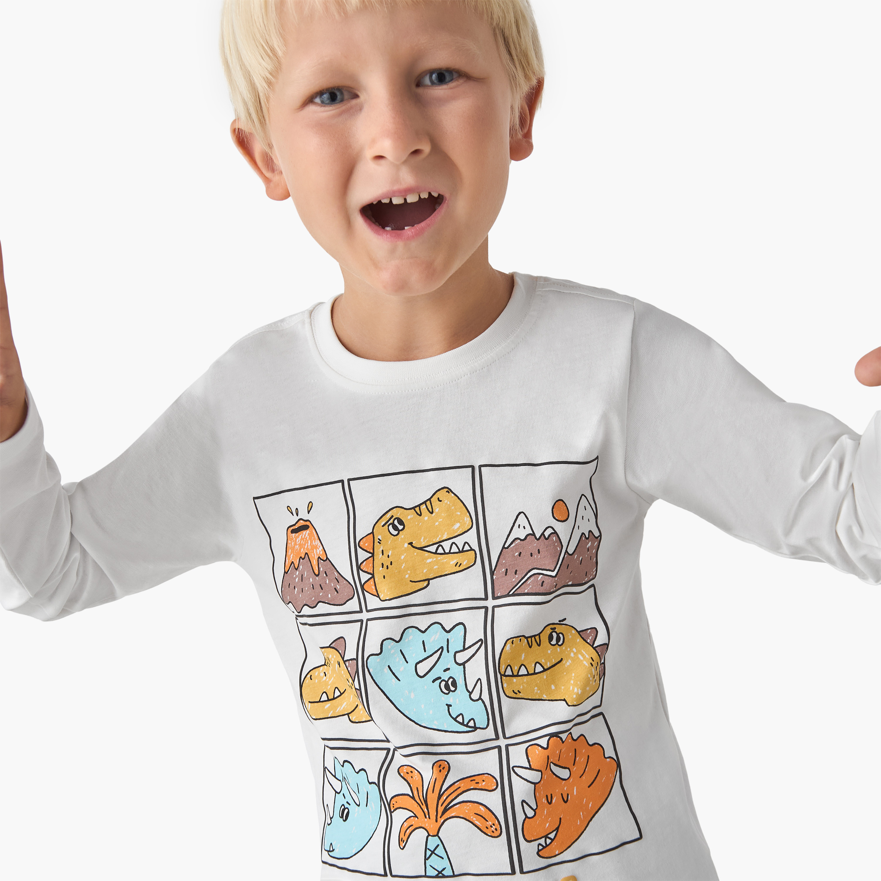 Juniors Boys' Crew Neck T-shirt with Dinosaur Print - Cotton - Long Sleeves-boys-clothing-tshirtsandpolos-image-4