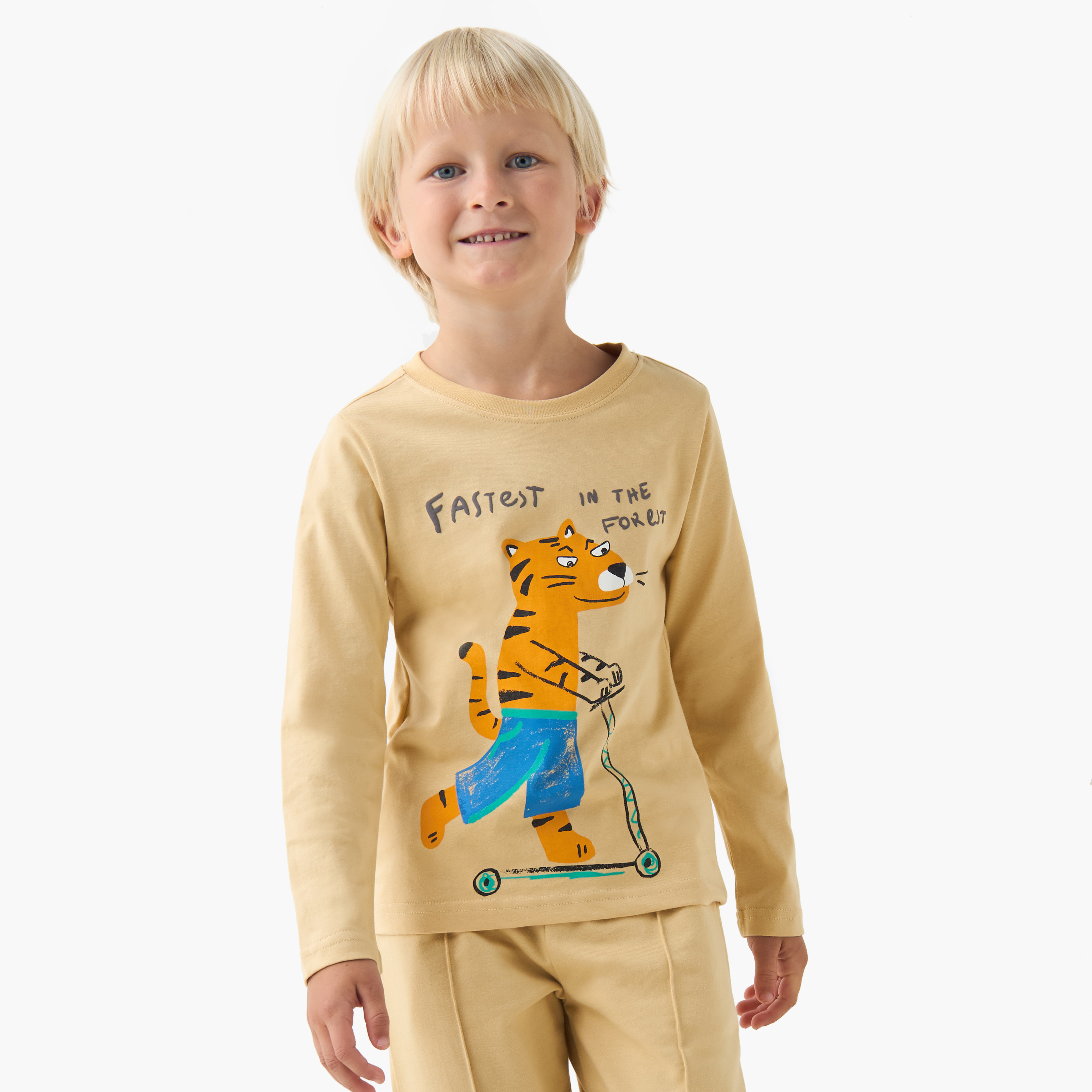 Juniors Boys Crew Neck T-shirt with Tiger Print - Cotton - Long Sleeves-boys-clothing-tshirtsandpolos-image-1