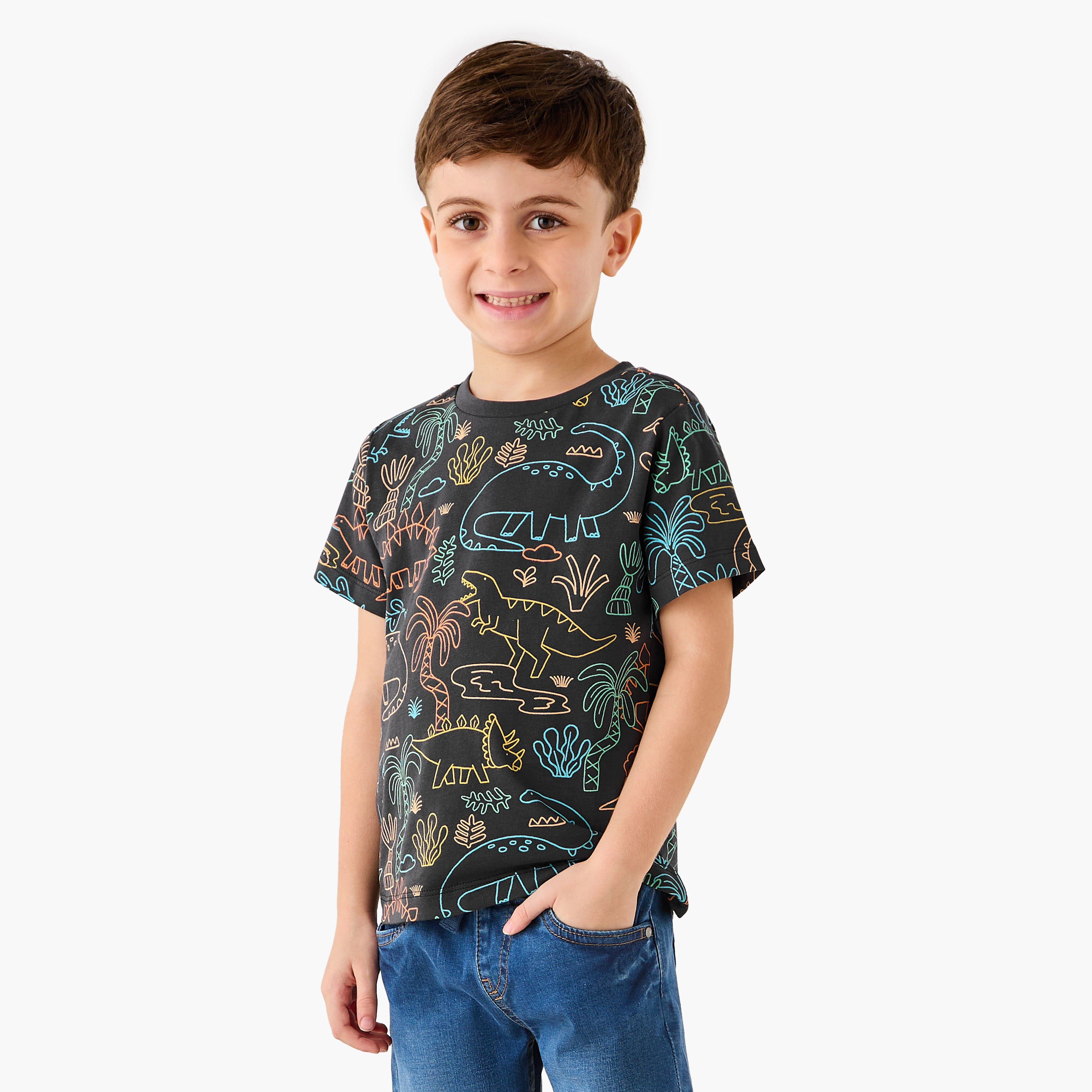Juniors Dinosaur Print T-Shirt with Short Sleeves-boys-clothing-tshirtsandpolos-image-1