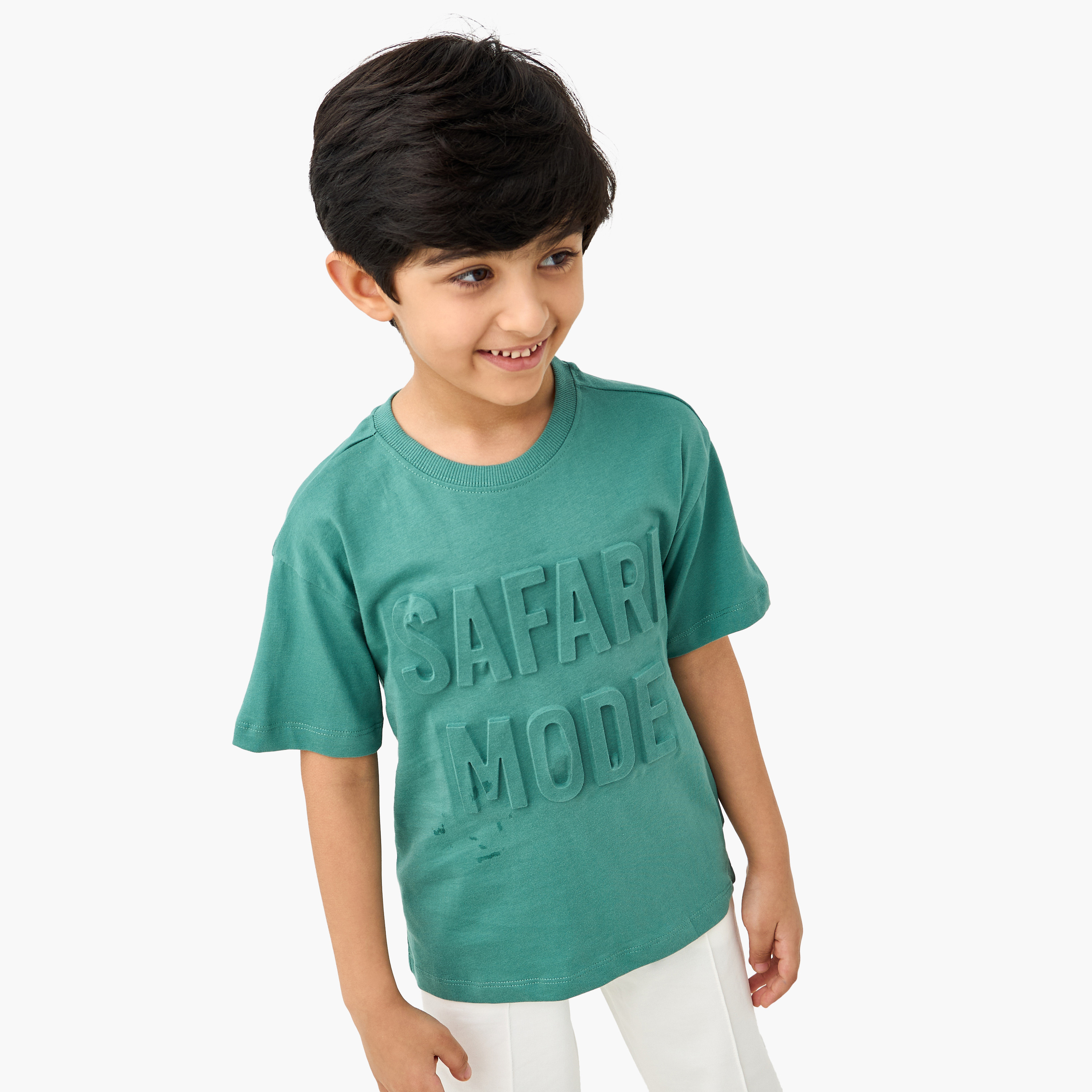 Juniors Slogan Embossed Crew Neck T-shirt with Short Sleeves-boys-clothing-tshirtsandpolos-image-1