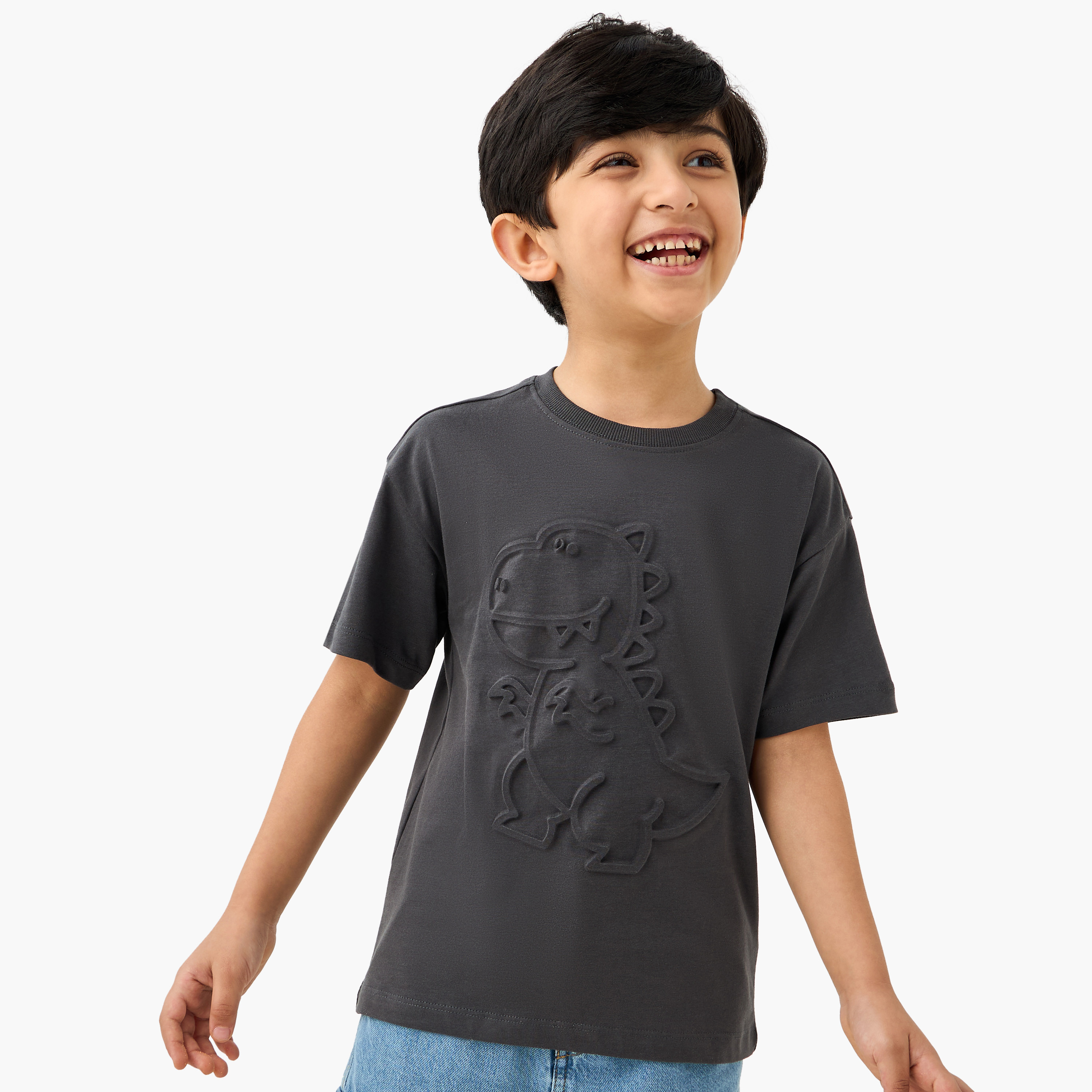 Juniors Dino Embossed Crew Neck T-shirt with Short Sleeves-boys-clothing-tshirtsandpolos-image-1