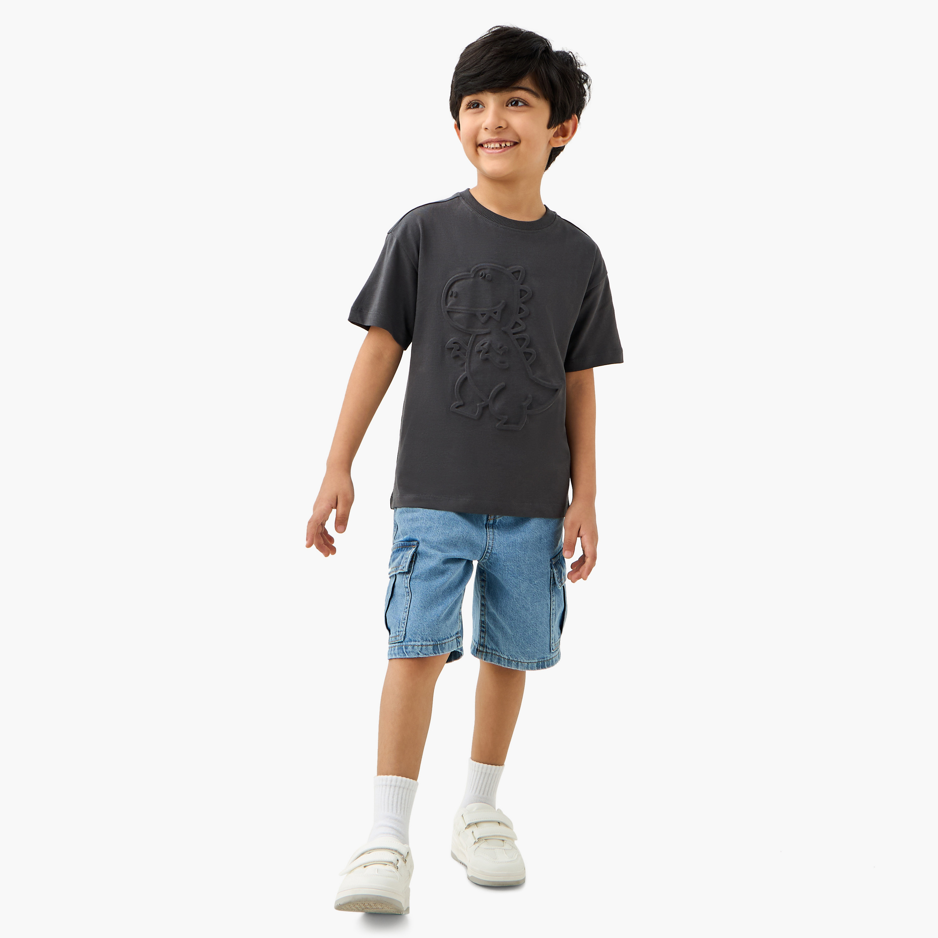 Juniors Dino Embossed Crew Neck T-shirt with Short Sleeves-boys-clothing-tshirtsandpolos-image-2
