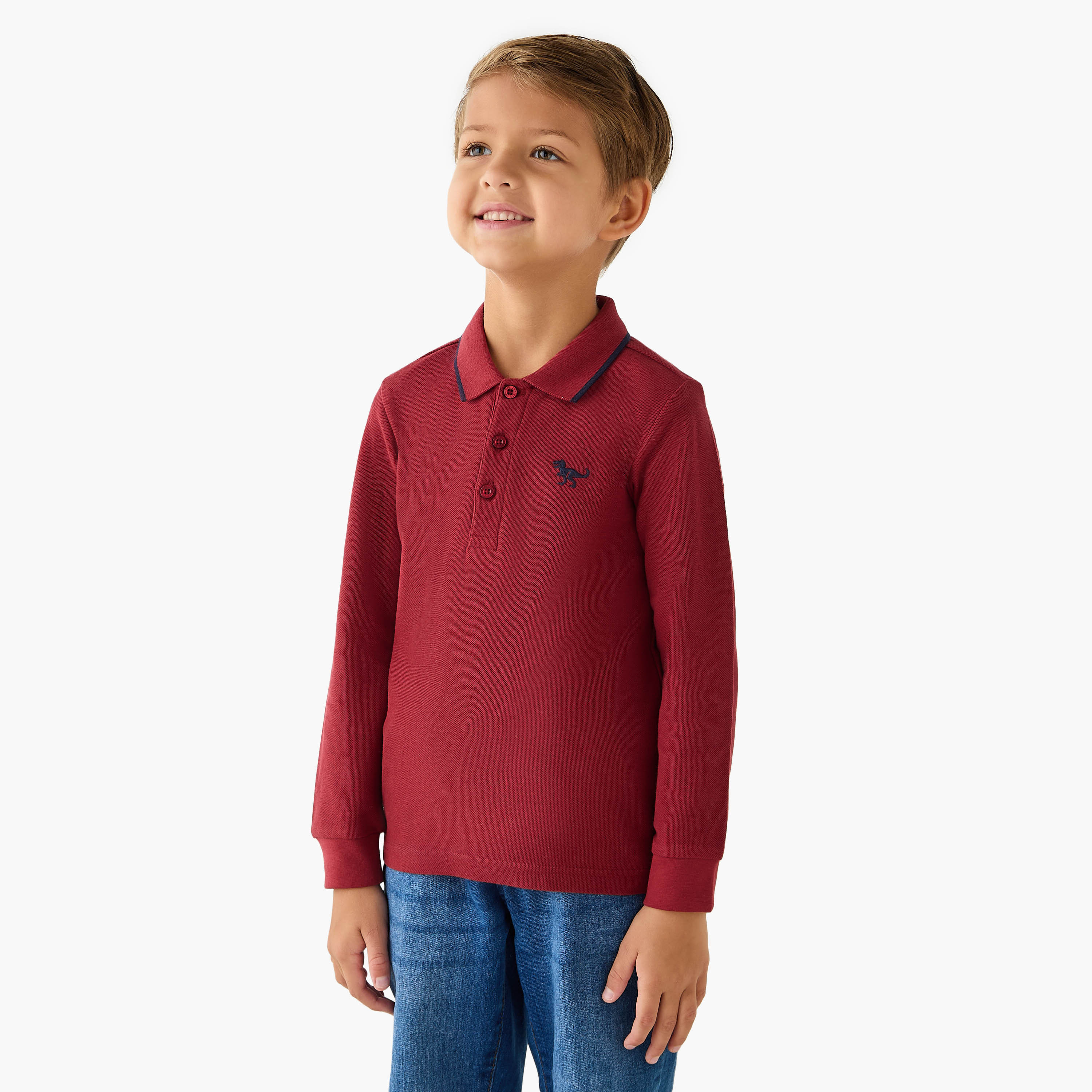 Juniors Dinosaur Embroidered Polo T-shirt with Long Sleeves-boys-clothing-tshirtsandpolos-image-1