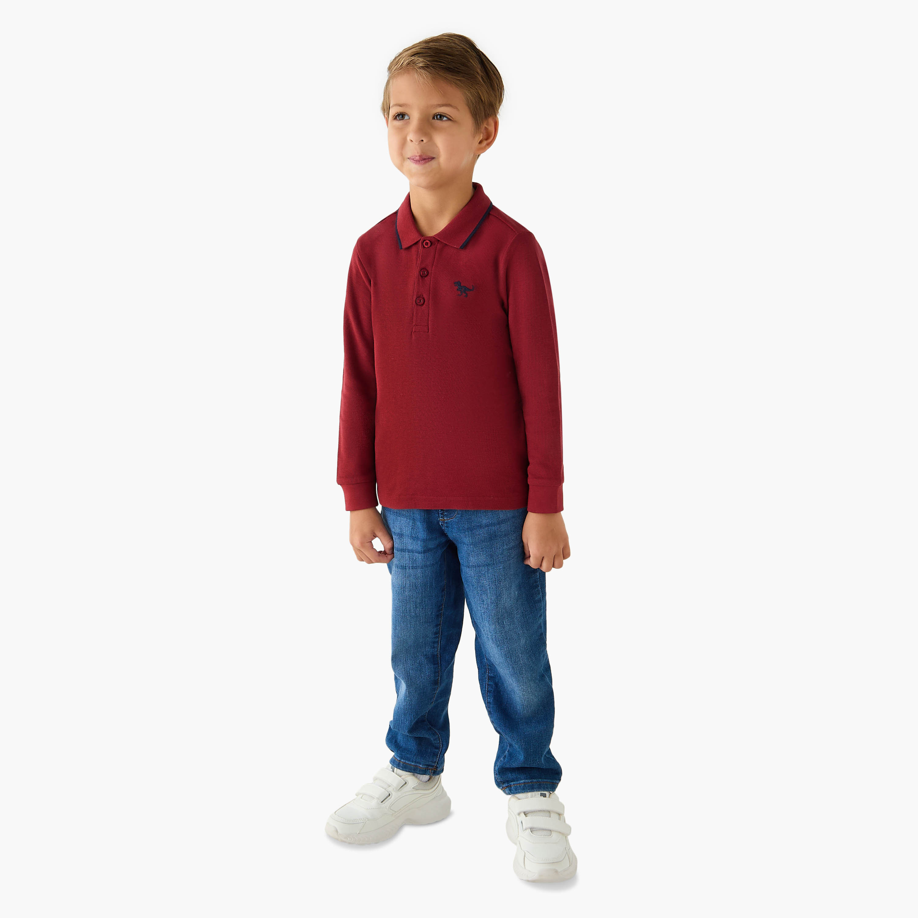 Juniors Dinosaur Embroidered Polo T-shirt with Long Sleeves-boys-clothing-tshirtsandpolos-image-2