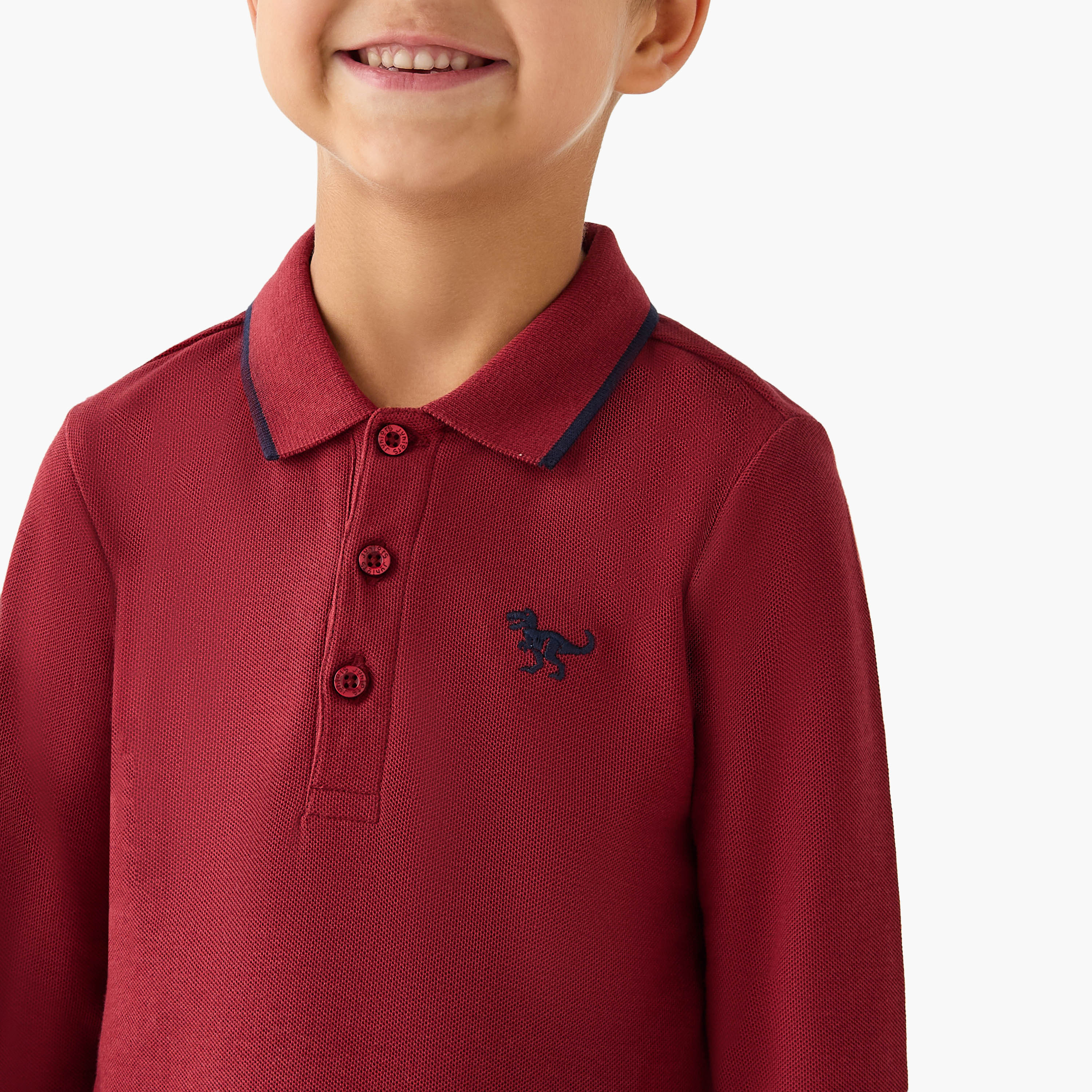 Juniors Dinosaur Embroidered Polo T-shirt with Long Sleeves-boys-clothing-tshirtsandpolos-image-4