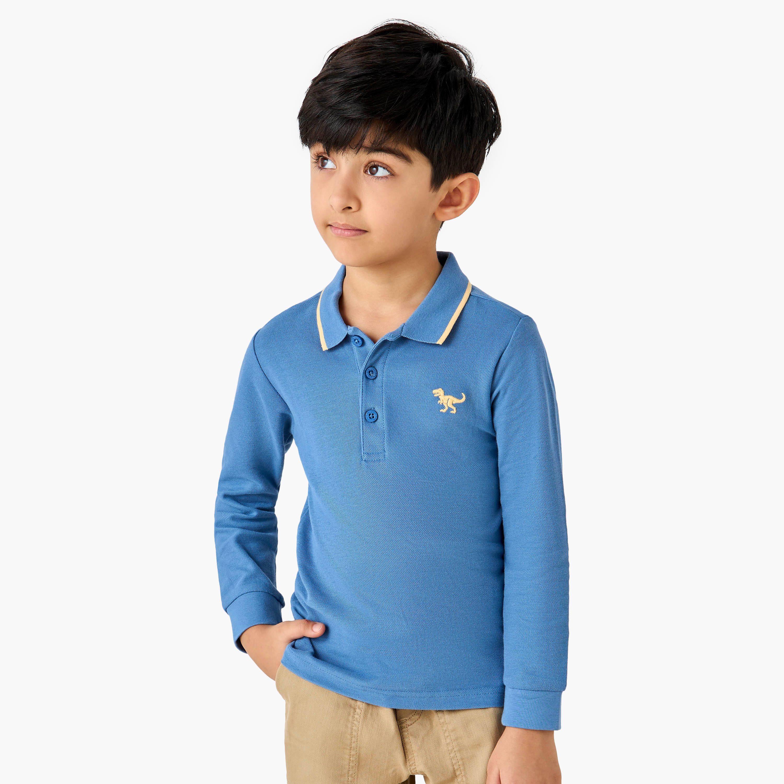 Juniors Dinosaur Embroidered Polo T-shirt with Long Sleeves-boys-clothing-tshirtsandpolos-image-1