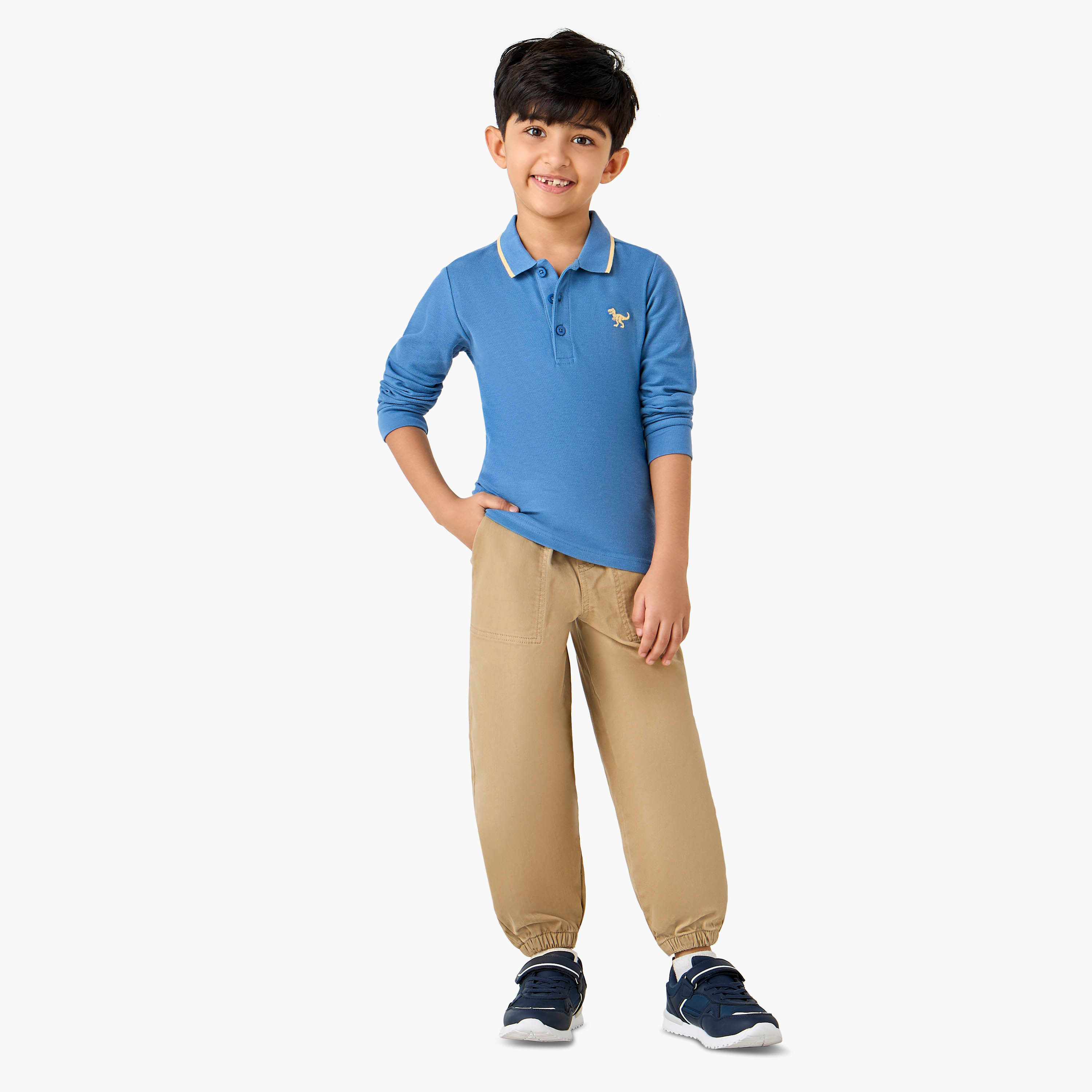 Juniors Dinosaur Embroidered Polo T-shirt with Long Sleeves-boys-clothing-tshirtsandpolos-image-2