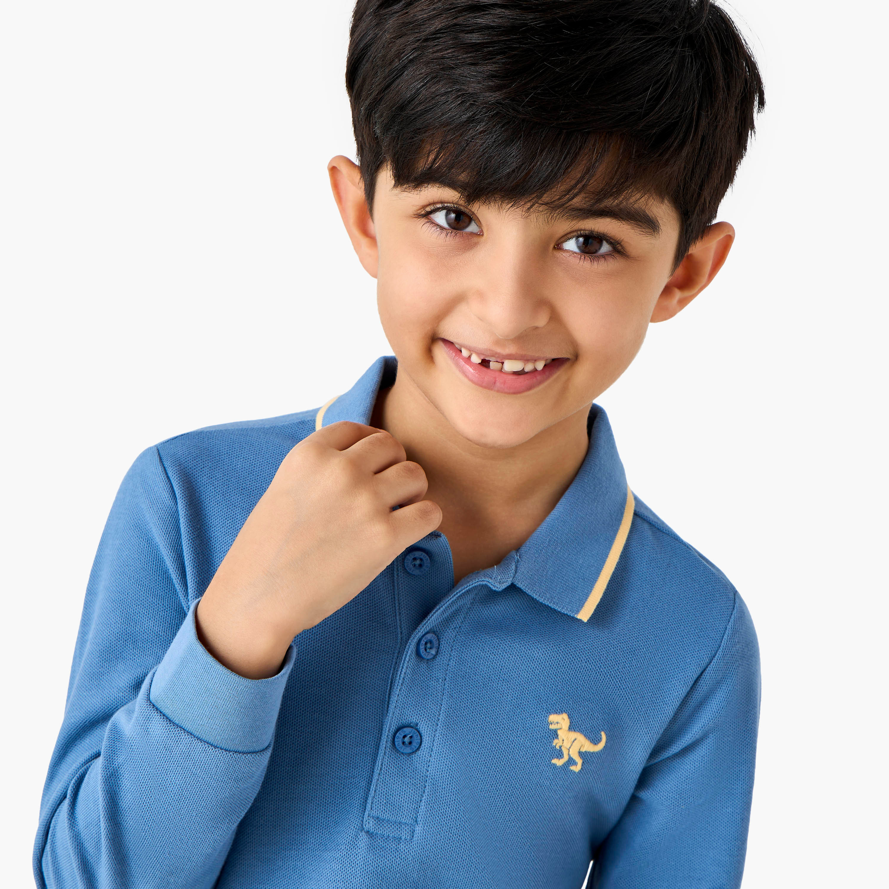 Juniors Dinosaur Embroidered Polo T-shirt with Long Sleeves-boys-clothing-tshirtsandpolos-image-4