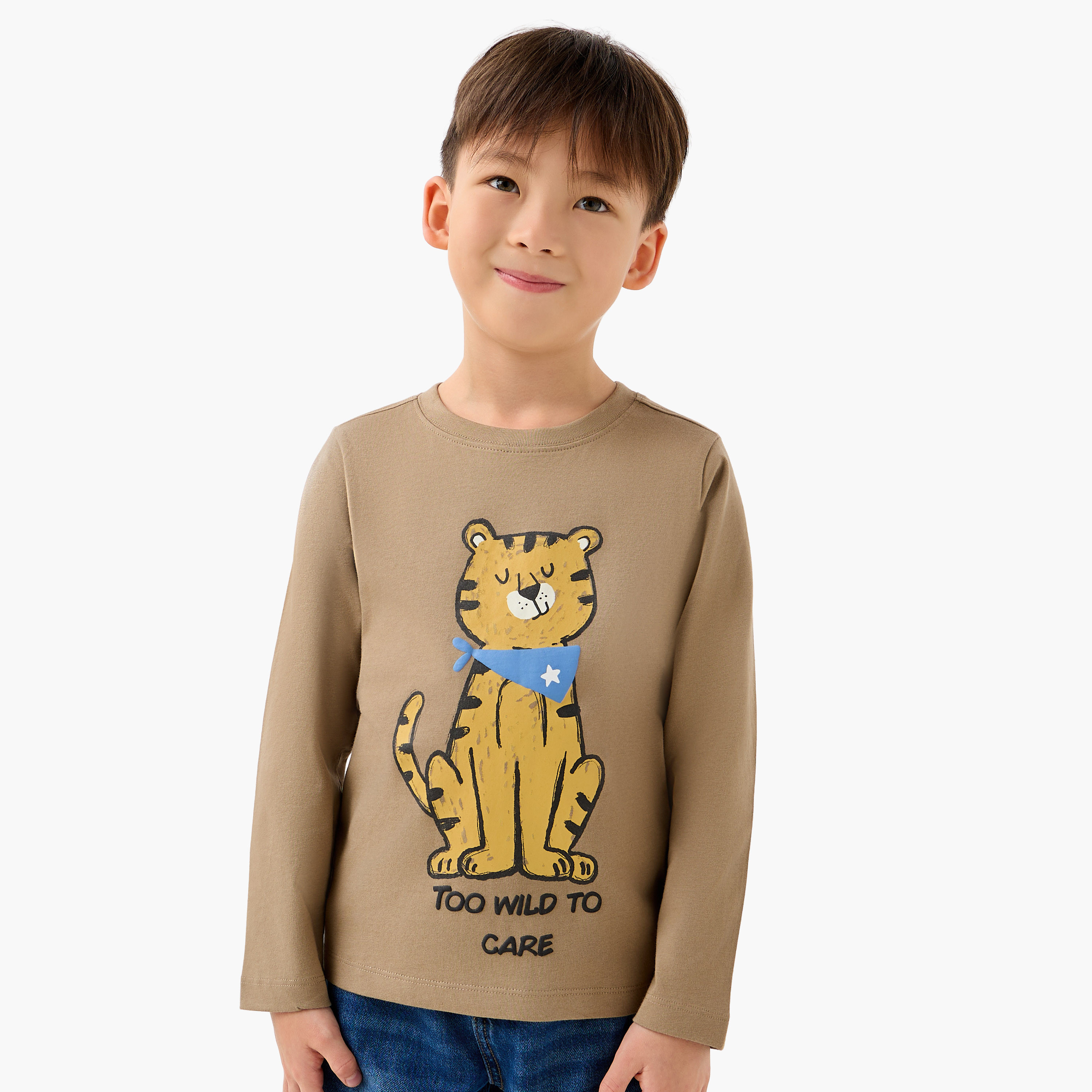 Juniors Boys Crew Neck T-shirt with Tiger Graphic Print - Cotton - Long Sleeves-boys-clothing-tshirtsandpolos-image-1