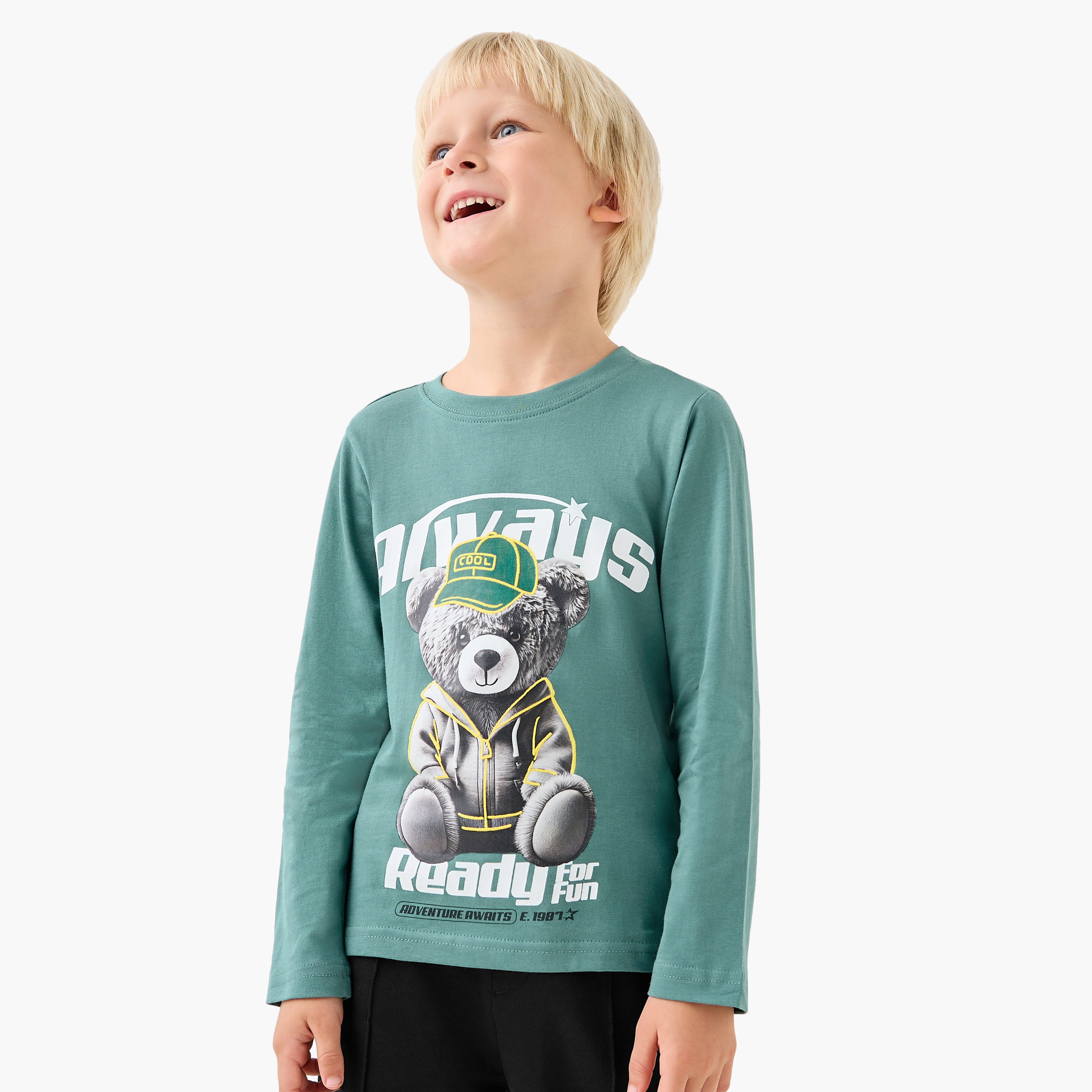 Juniors Boys Crew Neck T-shirt with Teddy Bear Print - Cotton - Long Sleeves-boys-clothing-tshirtsandpolos-image-1