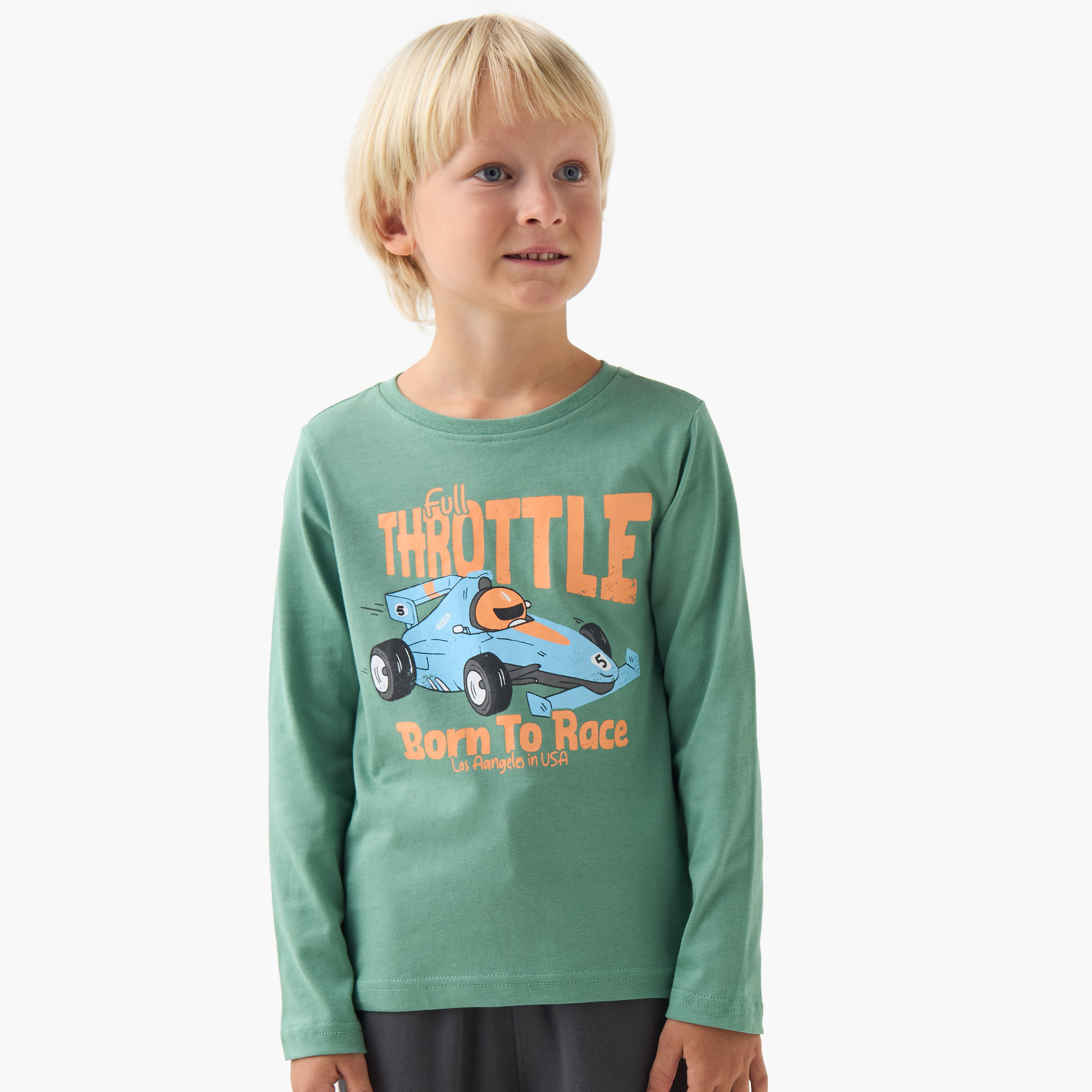Juniors Boys Round Neck T-shirt with Racing Car Print - Cotton - Long Sleeves-boys-clothing-tshirtsandpolos-image-1