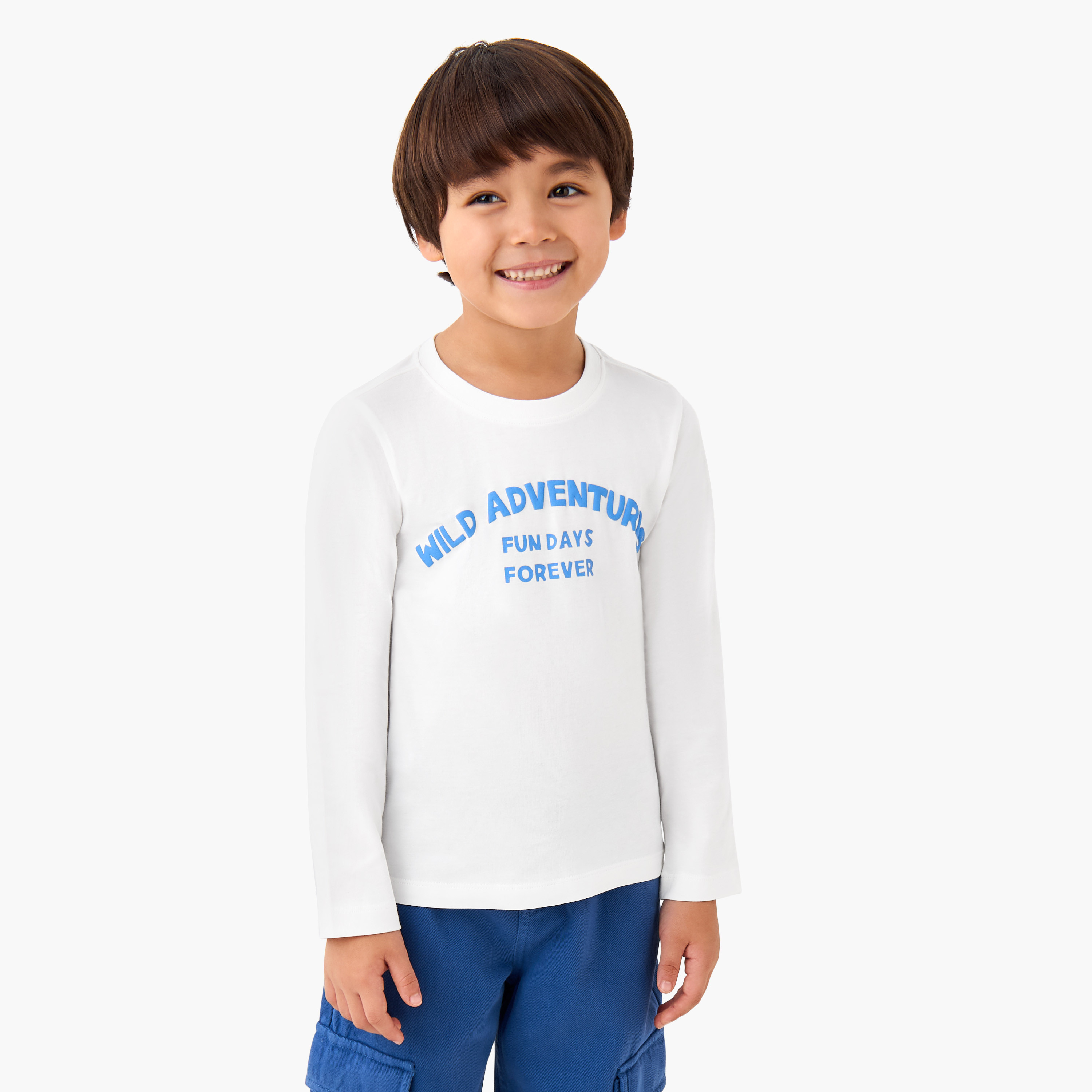 تيشيرت بياقة ضيقة وطبعات شعار - قطن - بأكمام طويلة للأولاد من جونيورز-boys-clothing-tshirtsandpolos-image-1
