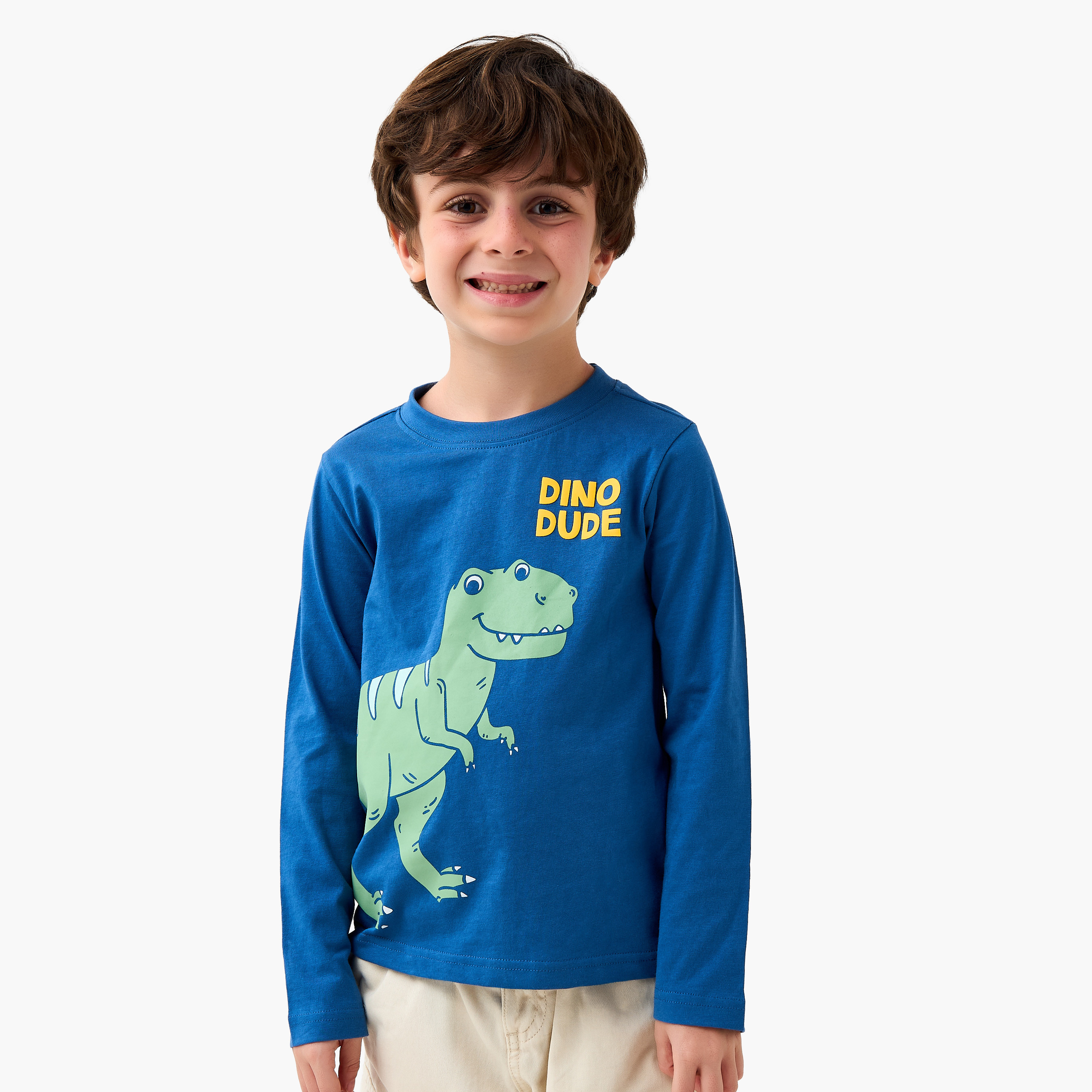 تيشيرت بياقة مستديرة وأكمام طويلة بطبعات ديناصور للأولاد من جونيورز-boys-clothing-tshirtsandpolos-image-1