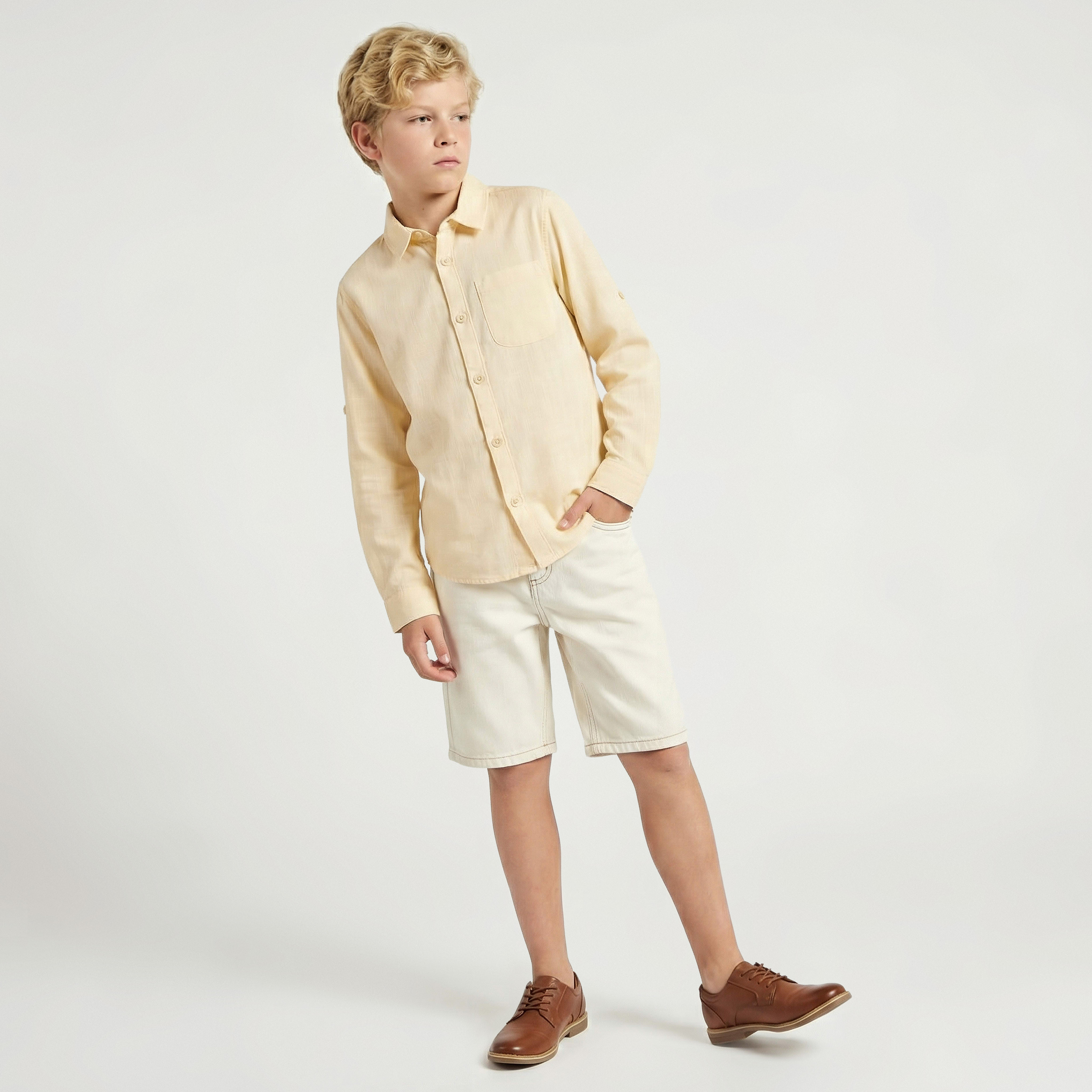 Juniors Long Sleeve Shirt with Solid Design-boys-clothing-shirts-image-2