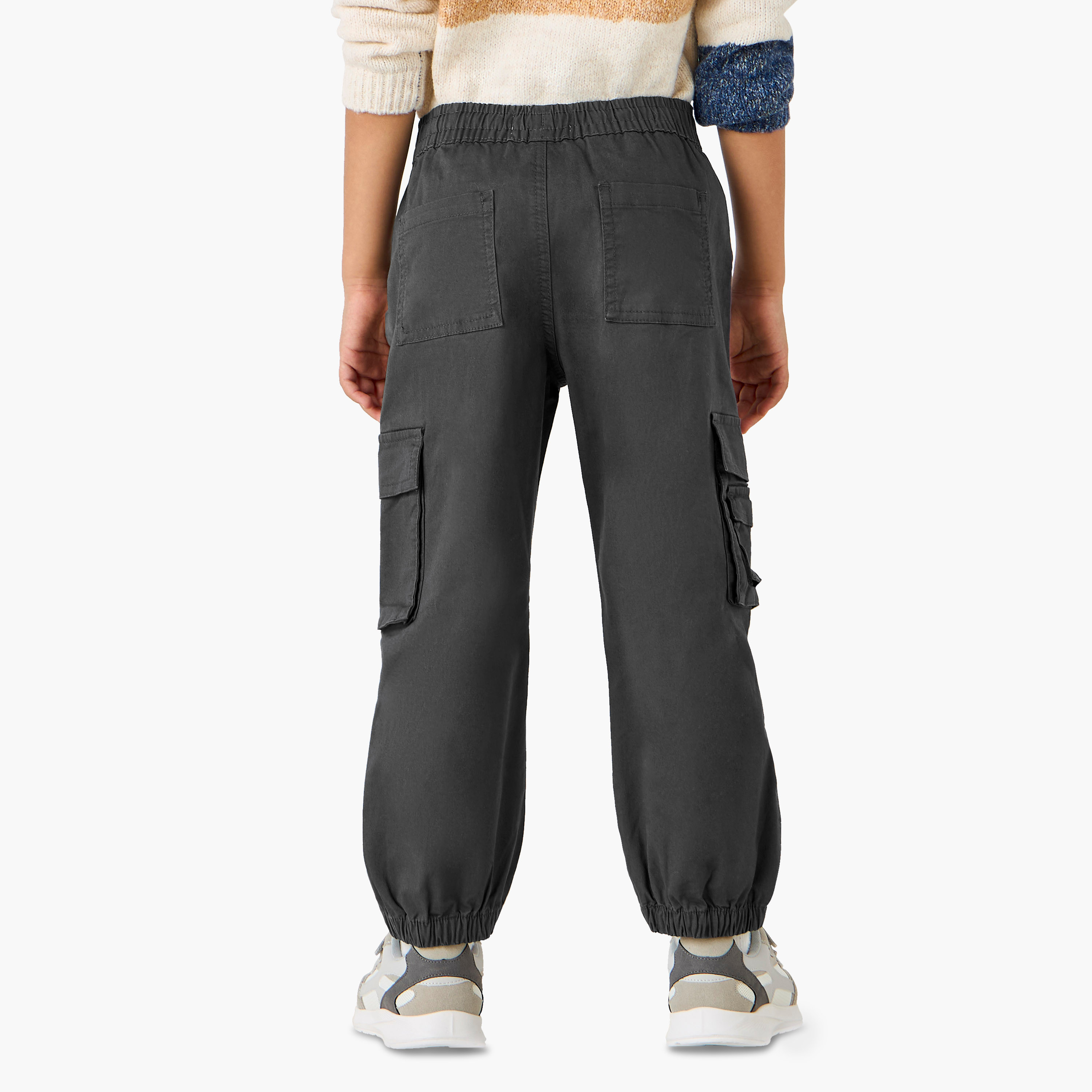 Juniors Solid Cargo Pants with Pockets-baby-boys-clothing-bottoms-joggersandtrackpants-image-3