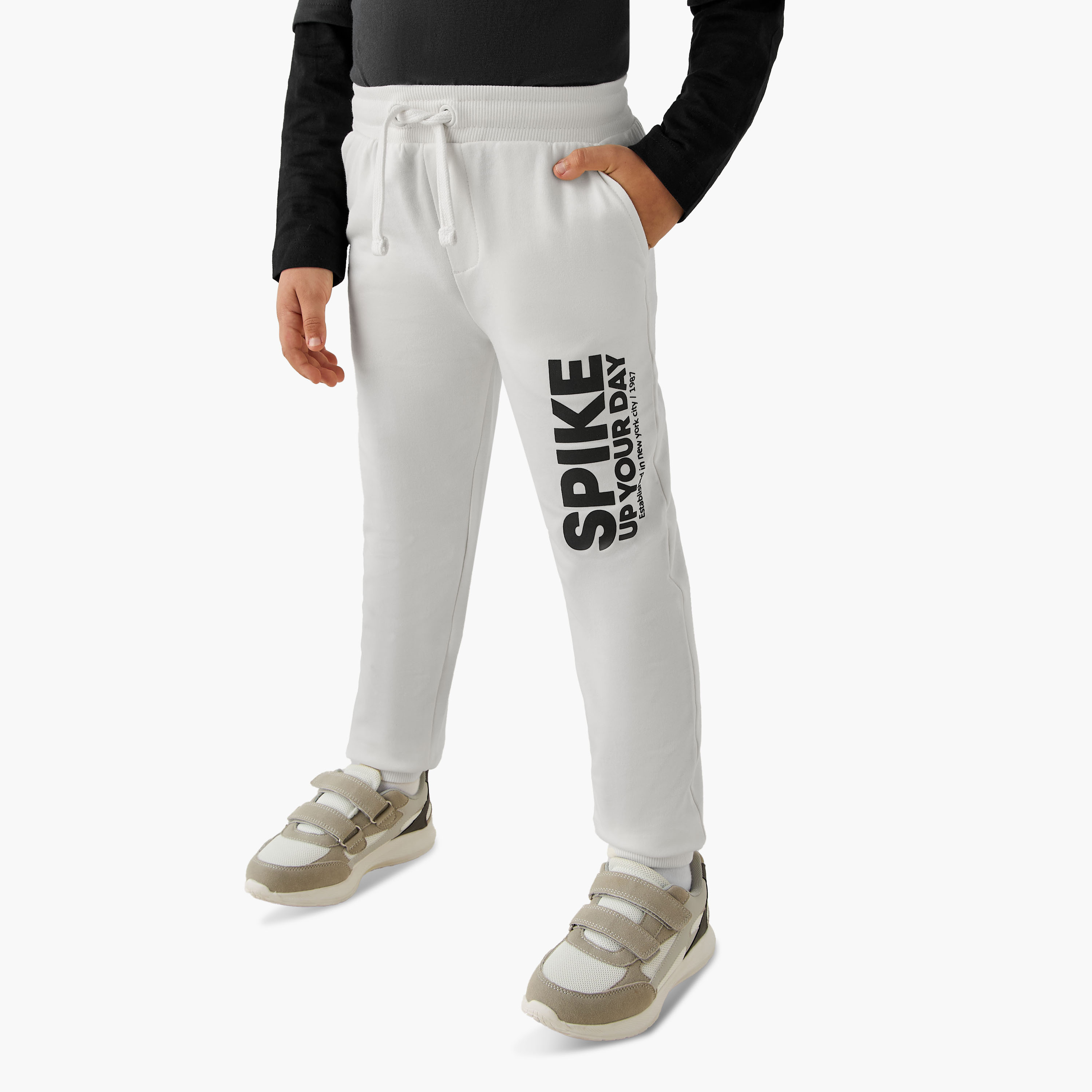 Juniors Boys Joggers with Slogan Print - Cotton - Drawstring Waist-boys-clothing-bottoms-joggersandtrackpants-image-1