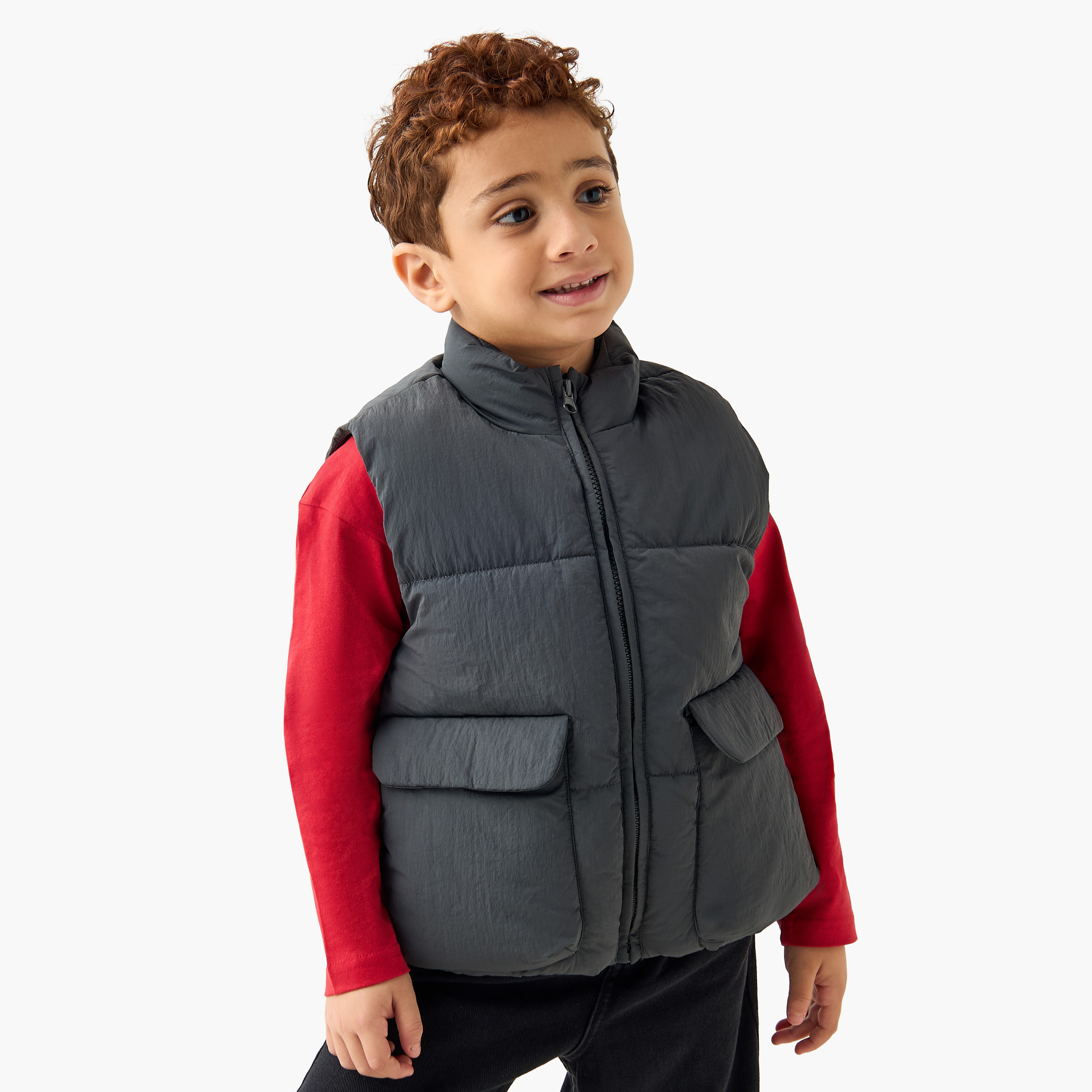 Juniors Solid Sleeveless Padded Jacket with Pockets and Zip Closure-boys-clothing-jacketsandcoats-image-1