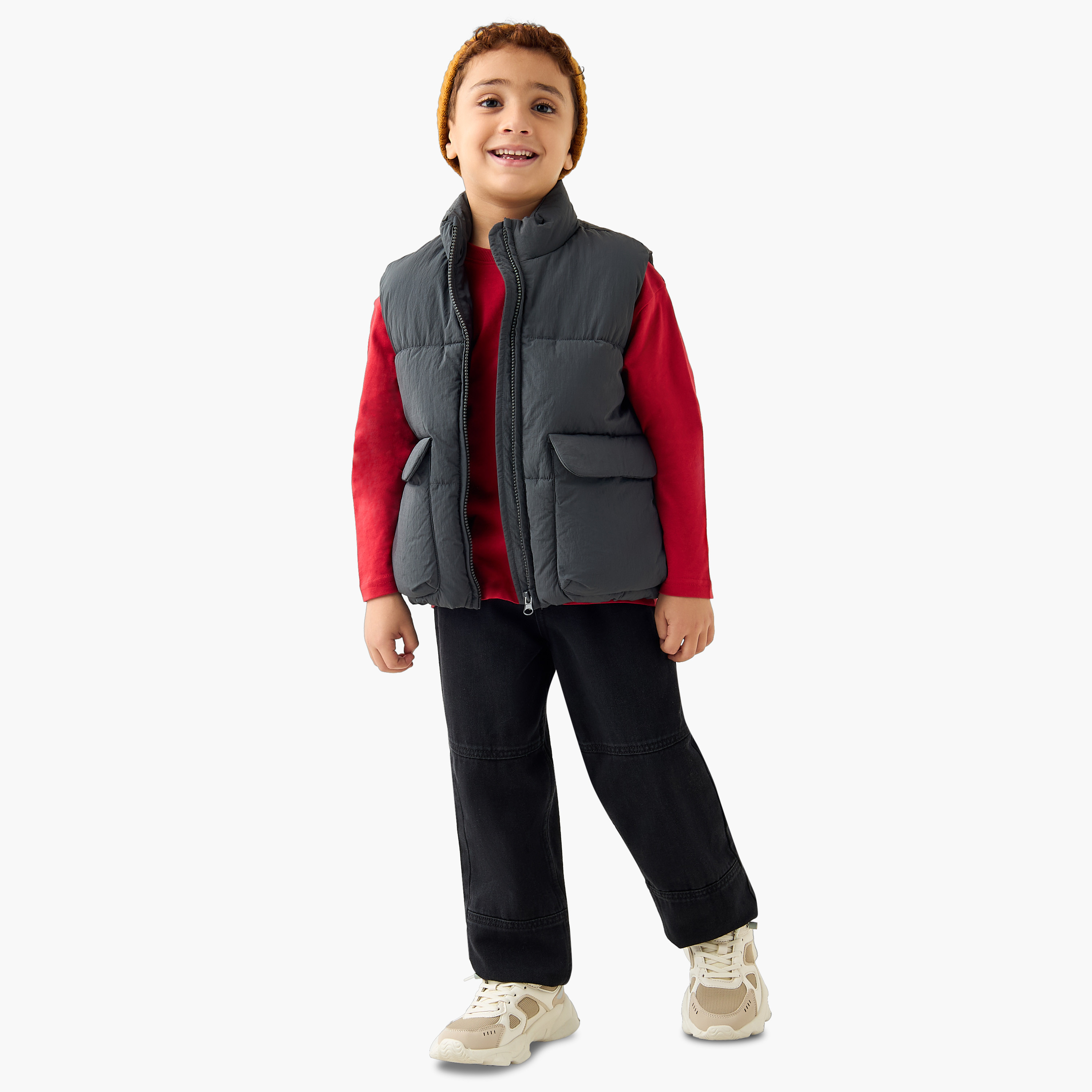 Juniors Solid Sleeveless Padded Jacket with Pockets and Zip Closure-boys-clothing-jacketsandcoats-image-2