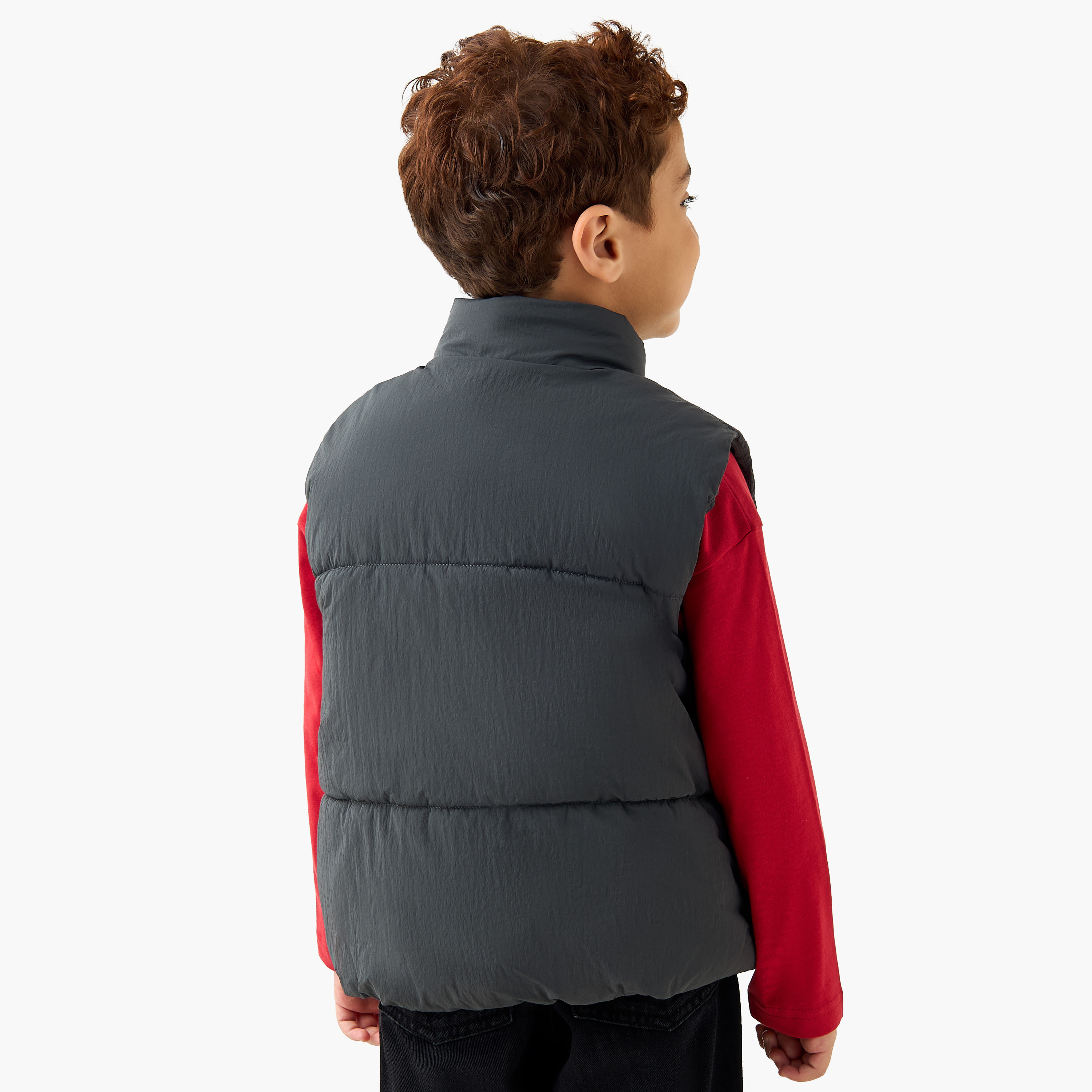 Juniors Solid Sleeveless Padded Jacket with Pockets and Zip Closure-boys-clothing-jacketsandcoats-image-3
