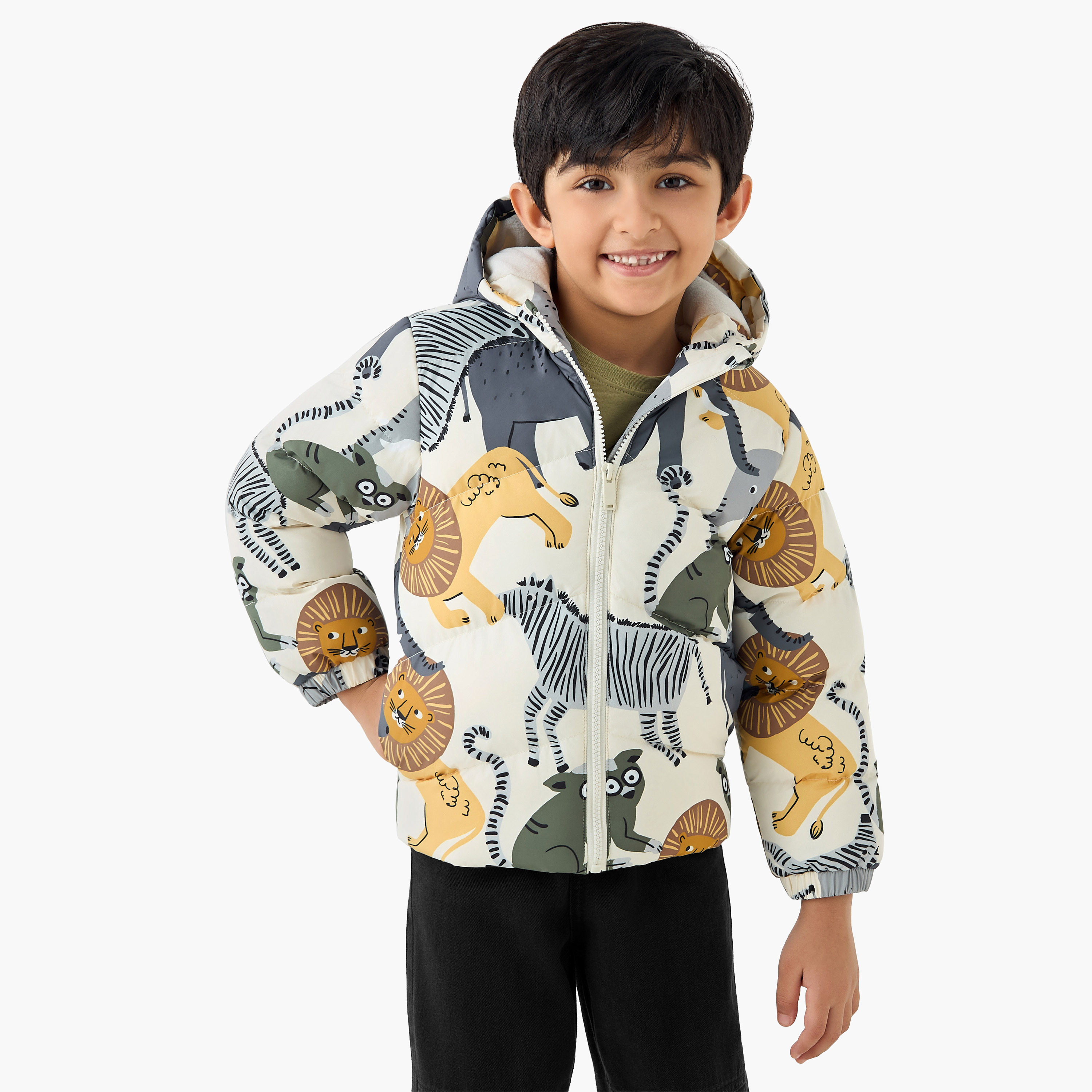 Juniors Printed Zip Through Hooded Puffer Jacket with Long Sleeves-boys-clothing-jacketsandcoats-image-1