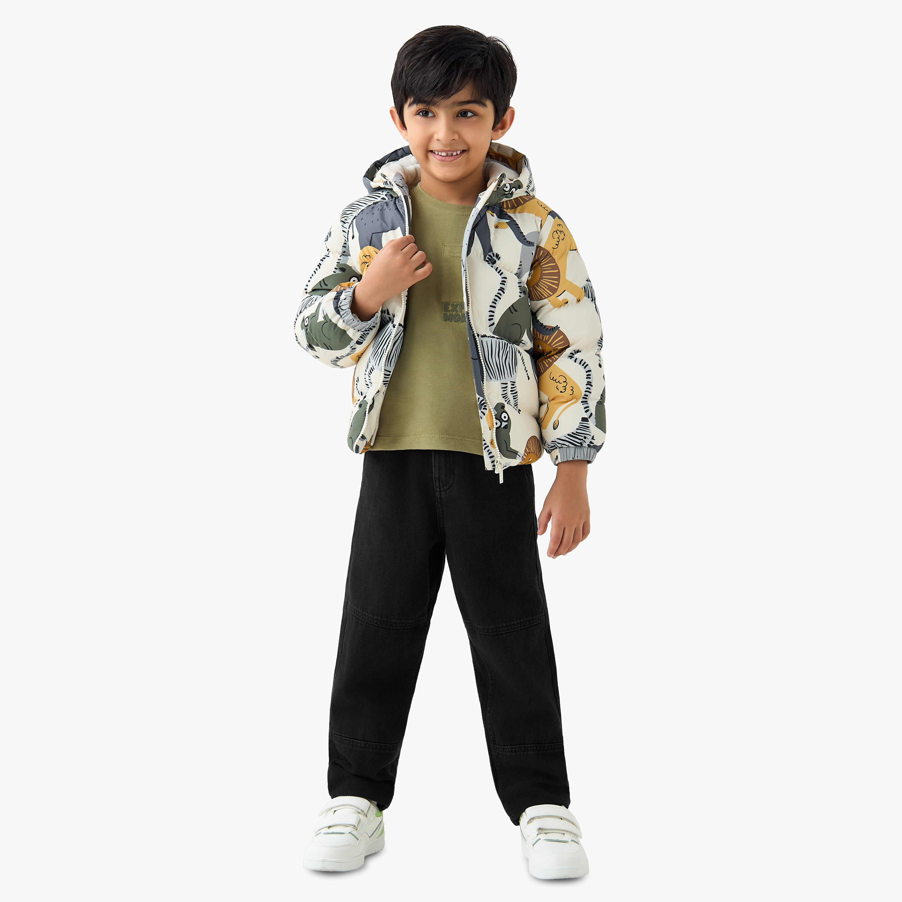 Juniors Printed Zip Through Hooded Puffer Jacket with Long Sleeves-boys-clothing-jacketsandcoats-image-2