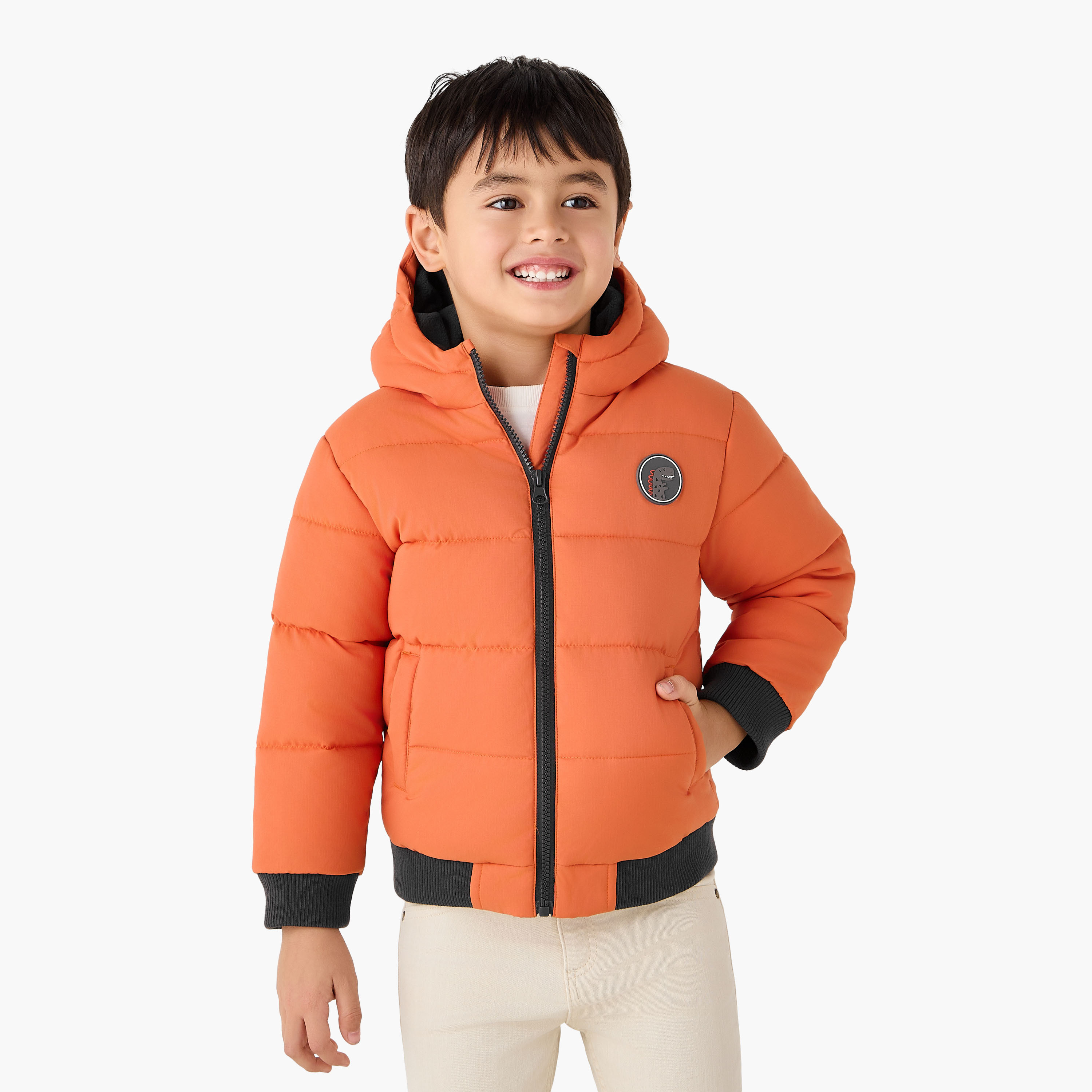 Juniors Dinosaur Applique Hooded Heavy Jacket with Zip Closure-boys-clothing-jacketsandcoats-image-1