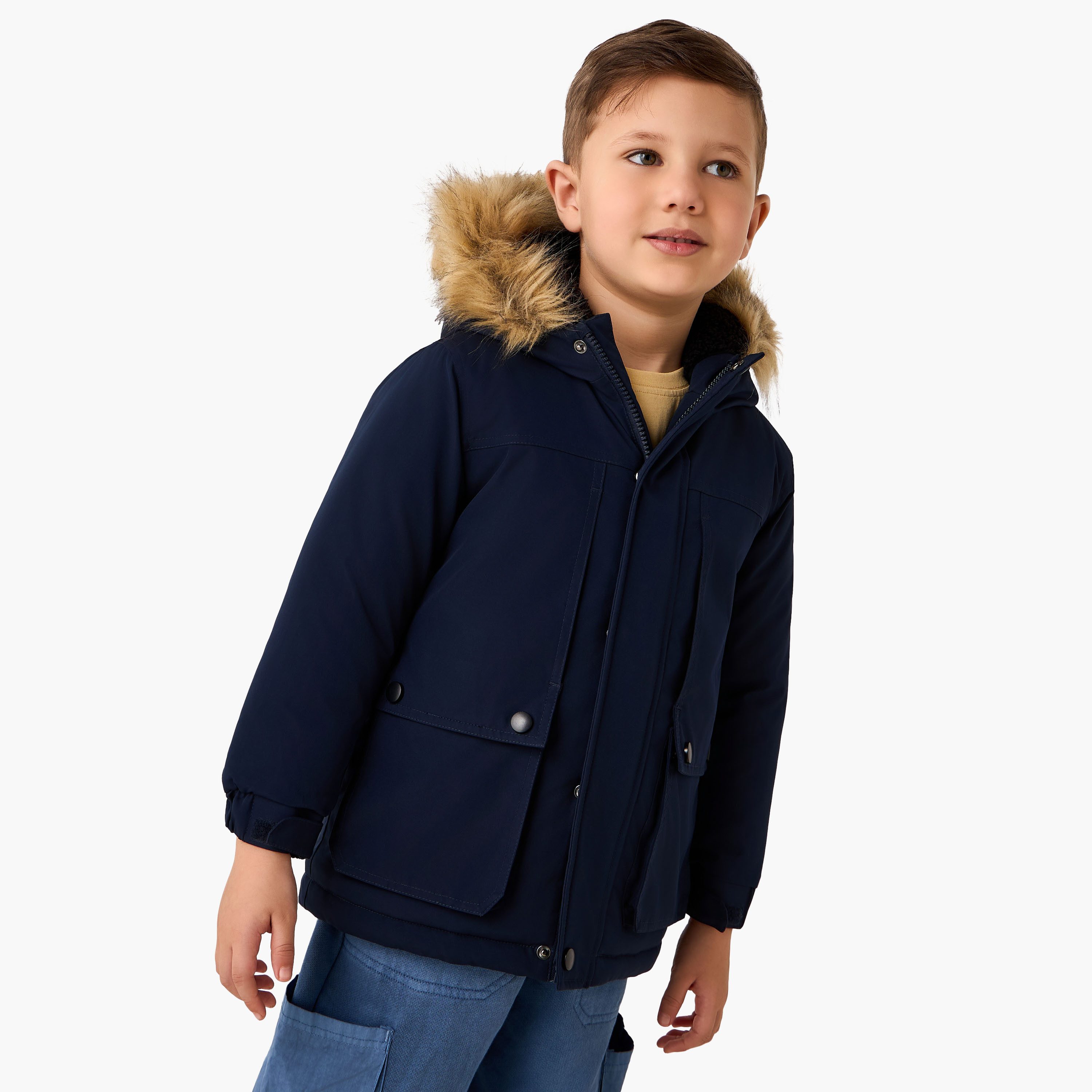 Juniors Faux Fur Hooded Heavy Jacket with Long Sleeves-boys-clothing-jacketsandcoats-image-1