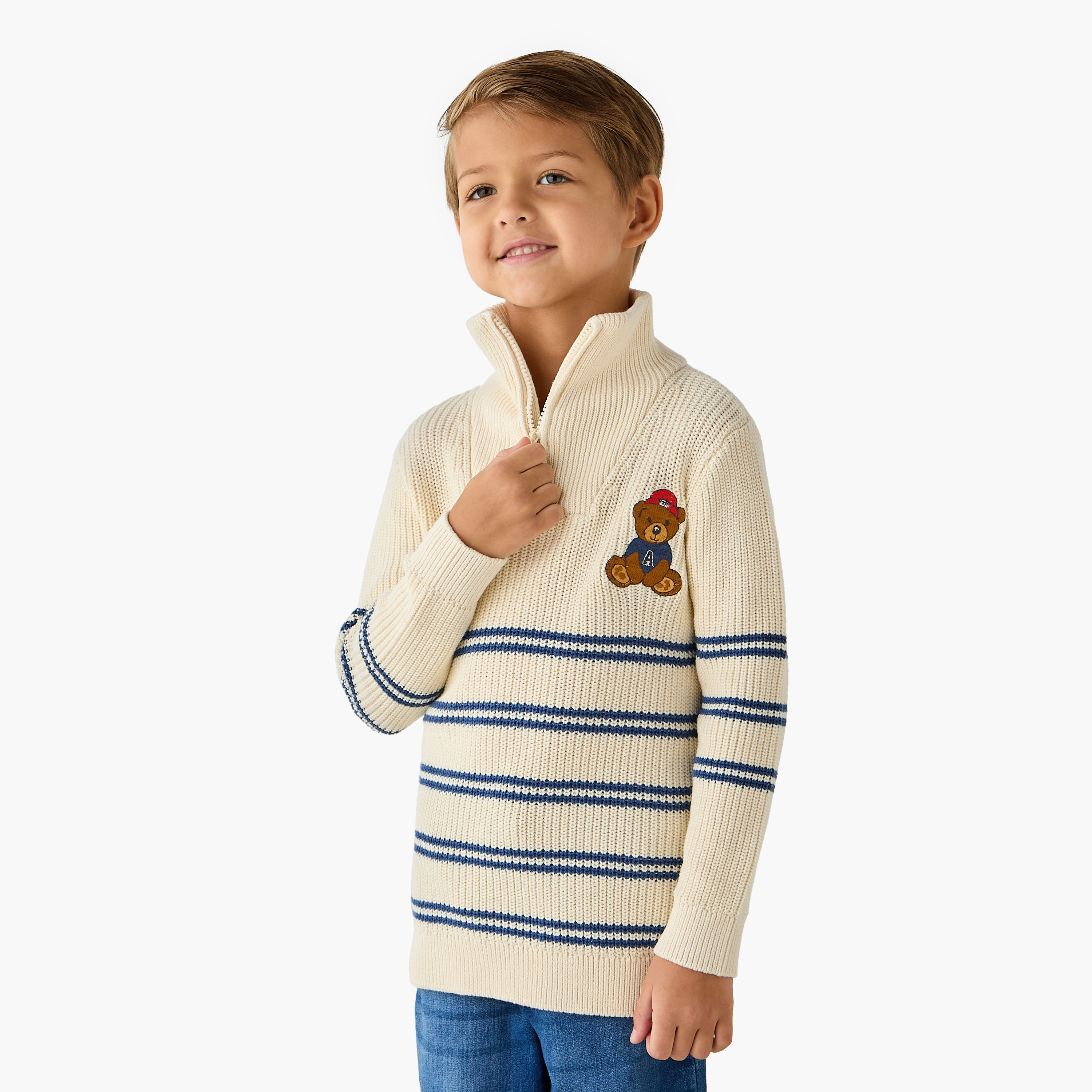 Juniors Bear Applique Striped Sweater with Stand Collar and Zip Closure-baby-boys-clothing-jumpersandcardigans-image-1