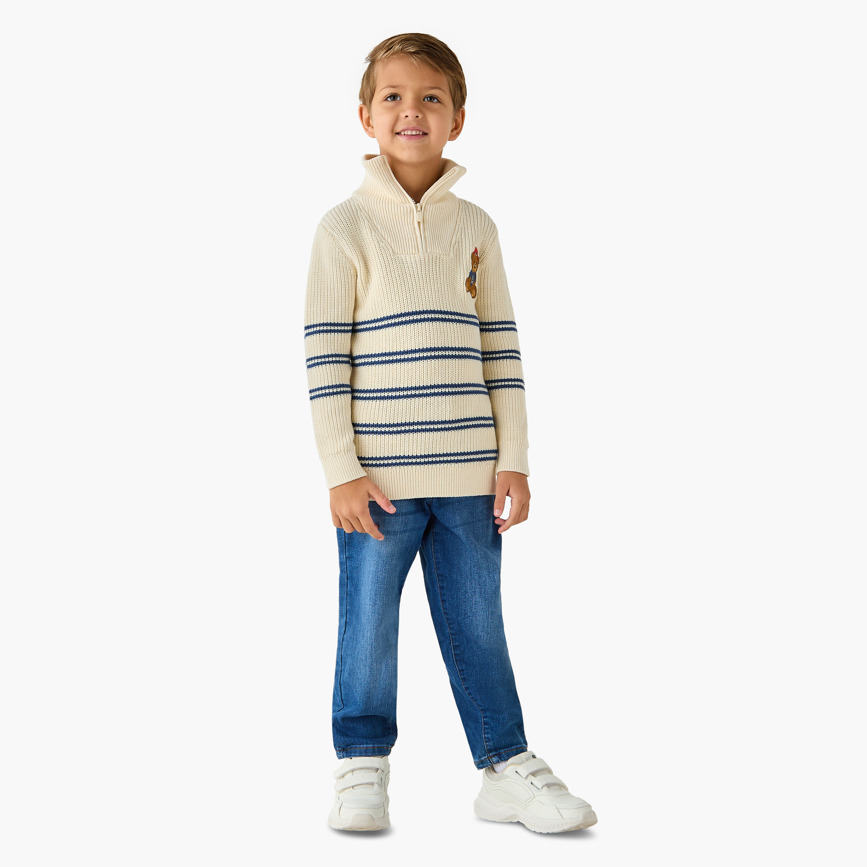 Juniors Bear Applique Striped Sweater with Stand Collar and Zip Closure-baby-boys-clothing-jumpersandcardigans-image-2