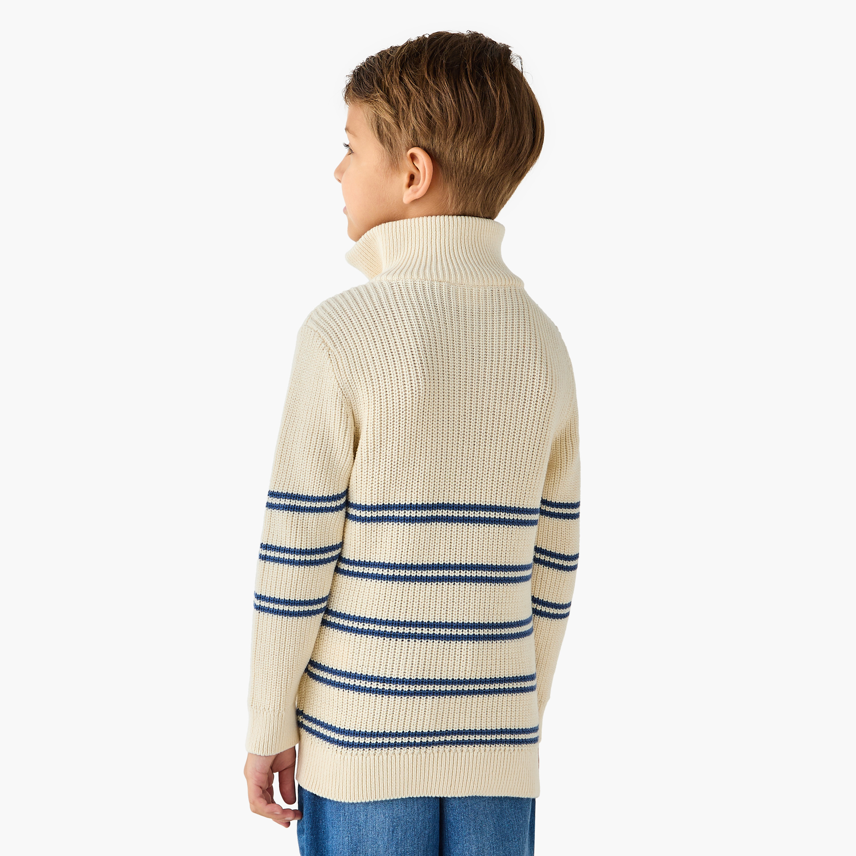 Juniors Bear Applique Striped Sweater with Stand Collar and Zip Closure-baby-boys-clothing-jumpersandcardigans-image-3