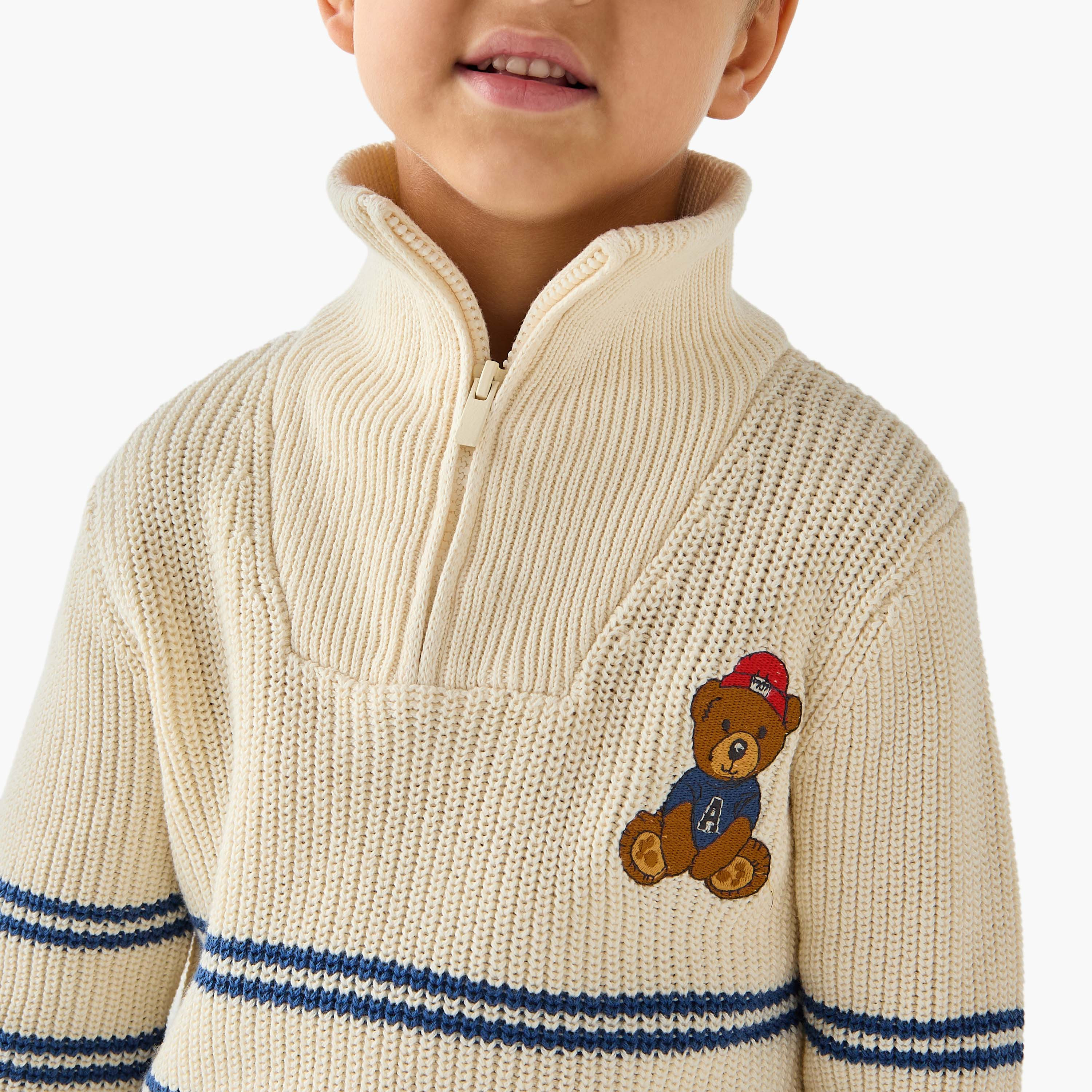 Juniors Bear Applique Striped Sweater with Stand Collar and Zip Closure-baby-boys-clothing-jumpersandcardigans-image-4
