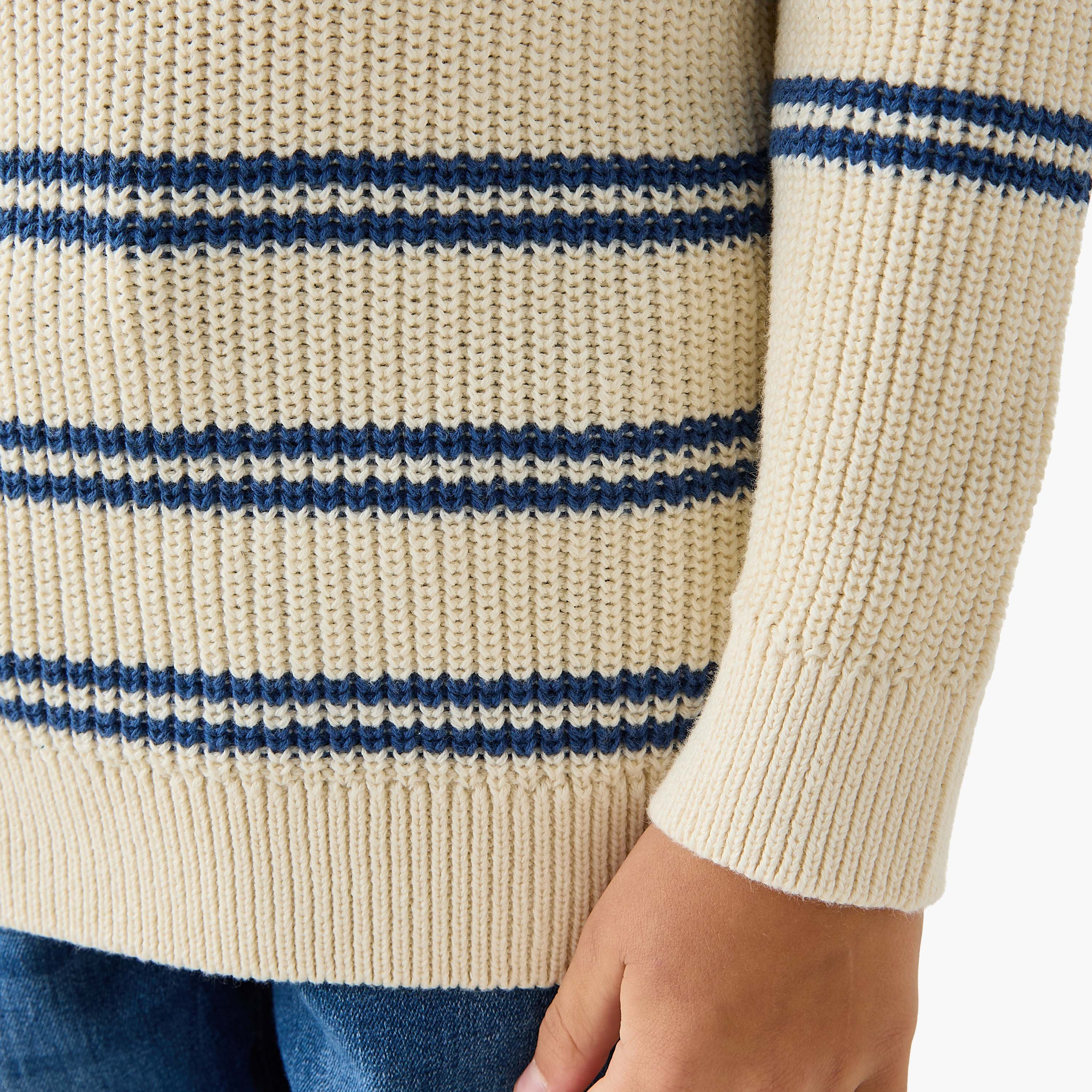 Juniors Bear Applique Striped Sweater with Stand Collar and Zip Closure-baby-boys-clothing-jumpersandcardigans-image-5