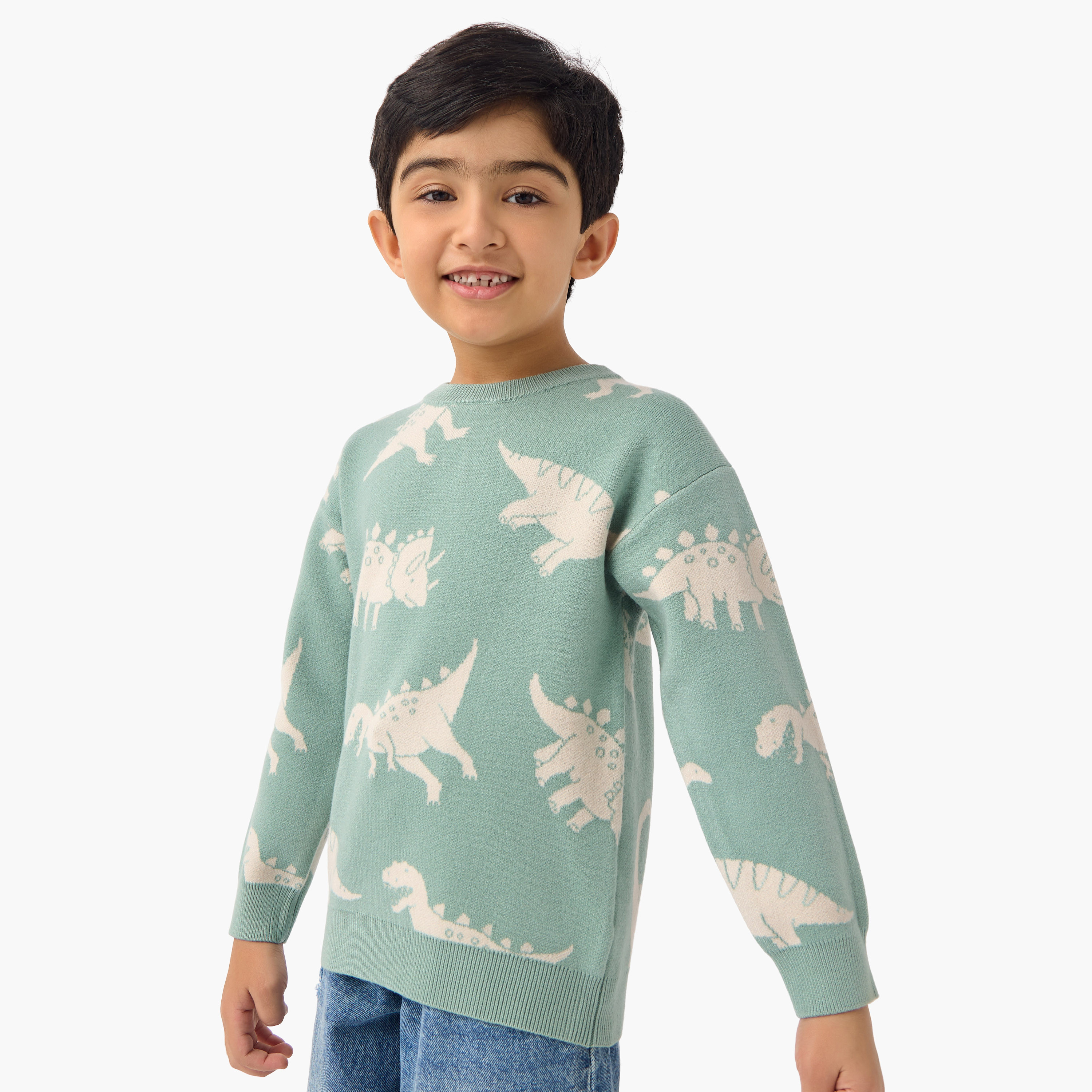 Juniors Dinosaur Print Pullover with Crew Neck and Long Sleeves-baby-boys-clothing-jumpersandcardigans-image-1
