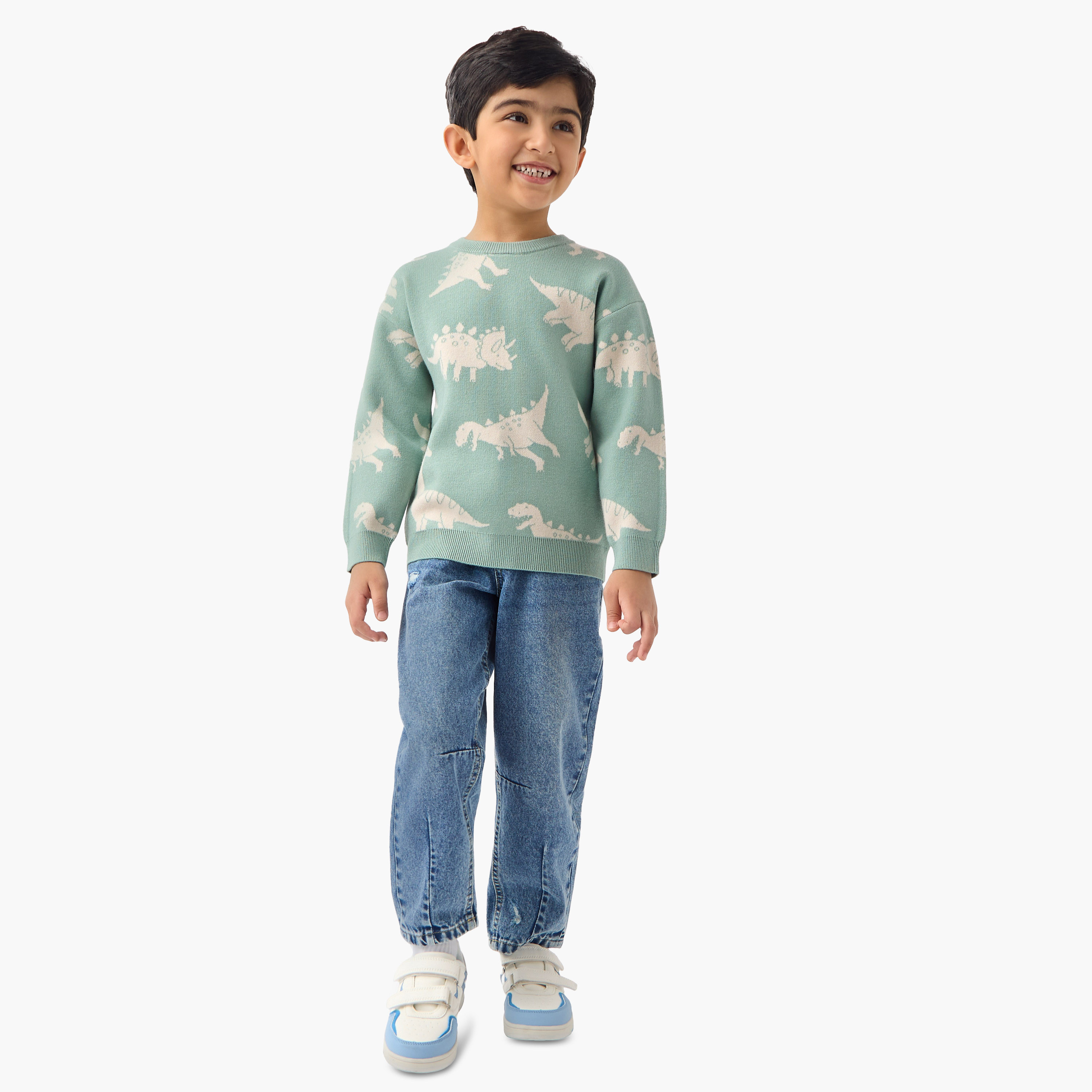 Juniors Dinosaur Print Pullover with Crew Neck and Long Sleeves-baby-boys-clothing-jumpersandcardigans-image-2