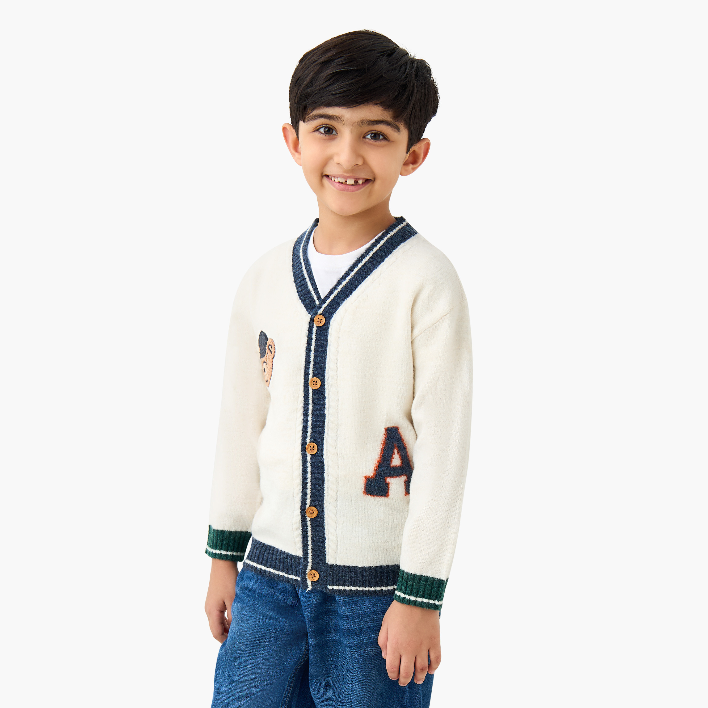 Juniors Boys V-neck Cardigan with Teddy Applique - Long Sleeves-baby-boys-clothing-winterwear-jumpersandcardigans-image-1