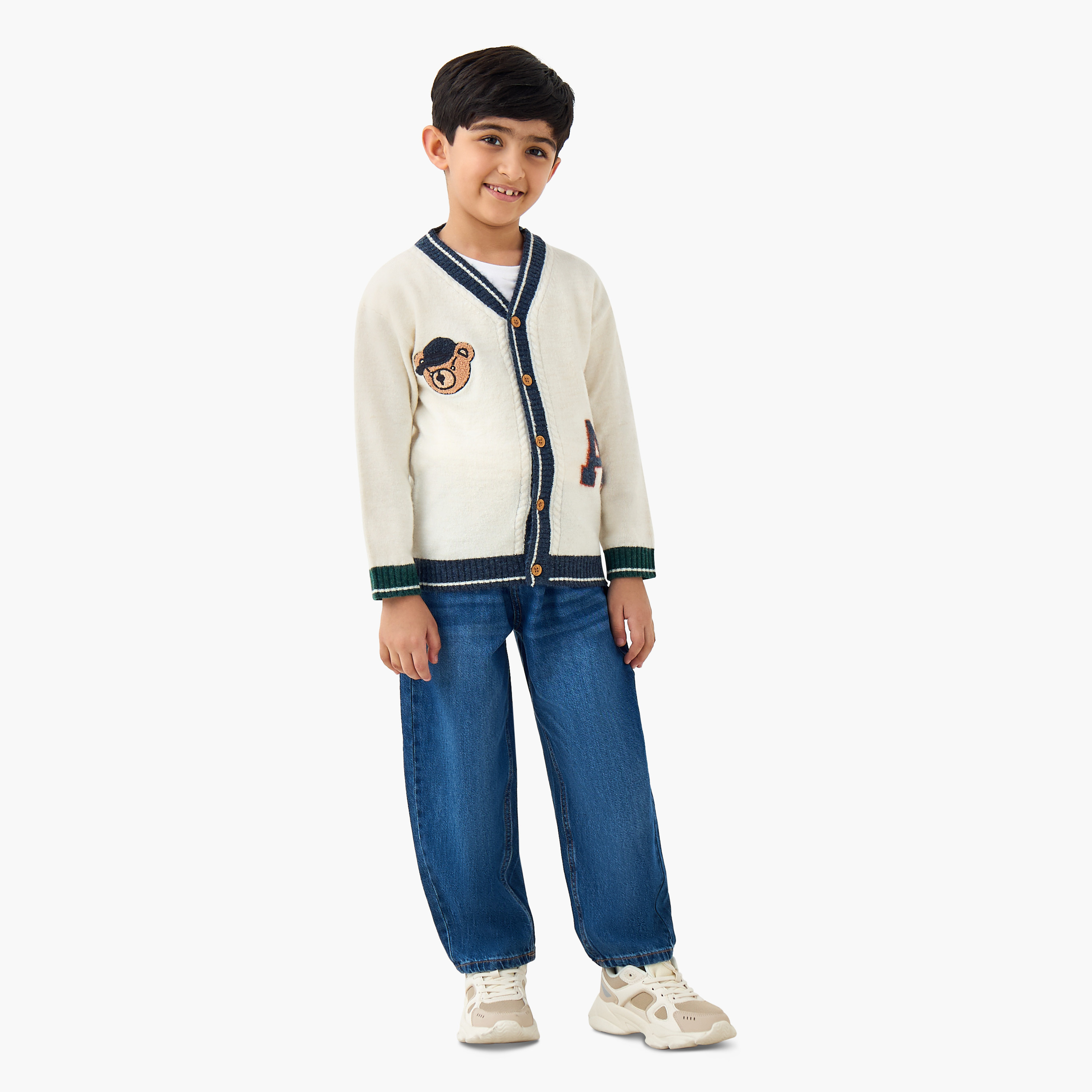 Juniors Boys V-neck Cardigan with Teddy Applique - Long Sleeves-baby-boys-clothing-winterwear-jumpersandcardigans-image-2