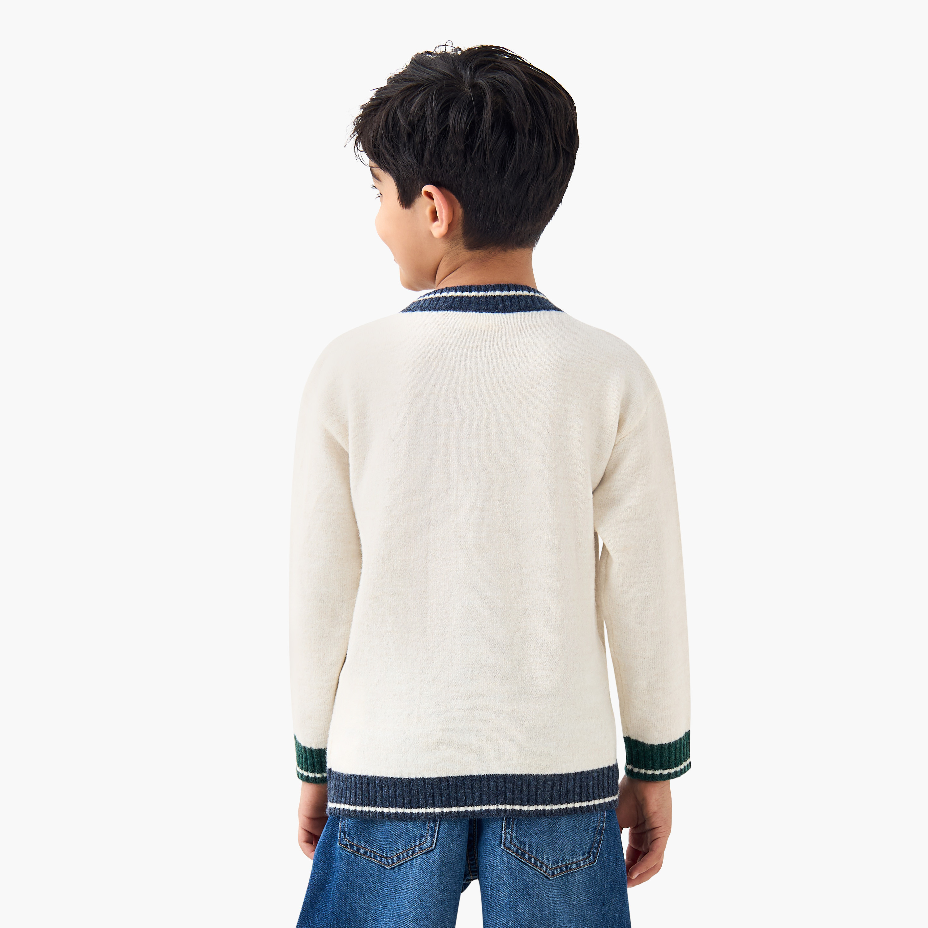 Juniors Boys V-neck Cardigan with Teddy Applique - Long Sleeves-baby-boys-clothing-winterwear-jumpersandcardigans-image-3