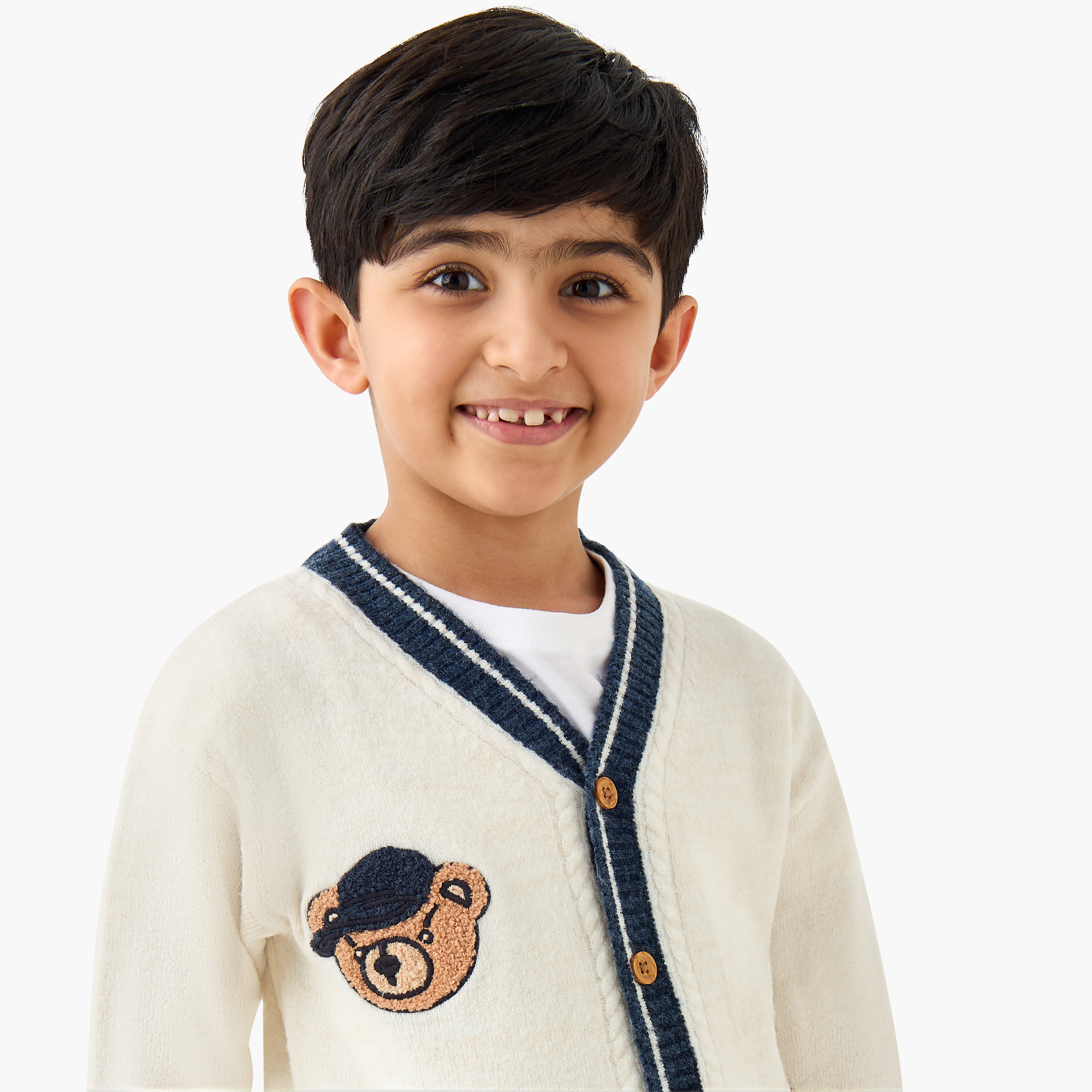 Juniors Boys V-neck Cardigan with Teddy Applique - Long Sleeves-baby-boys-clothing-winterwear-jumpersandcardigans-image-4