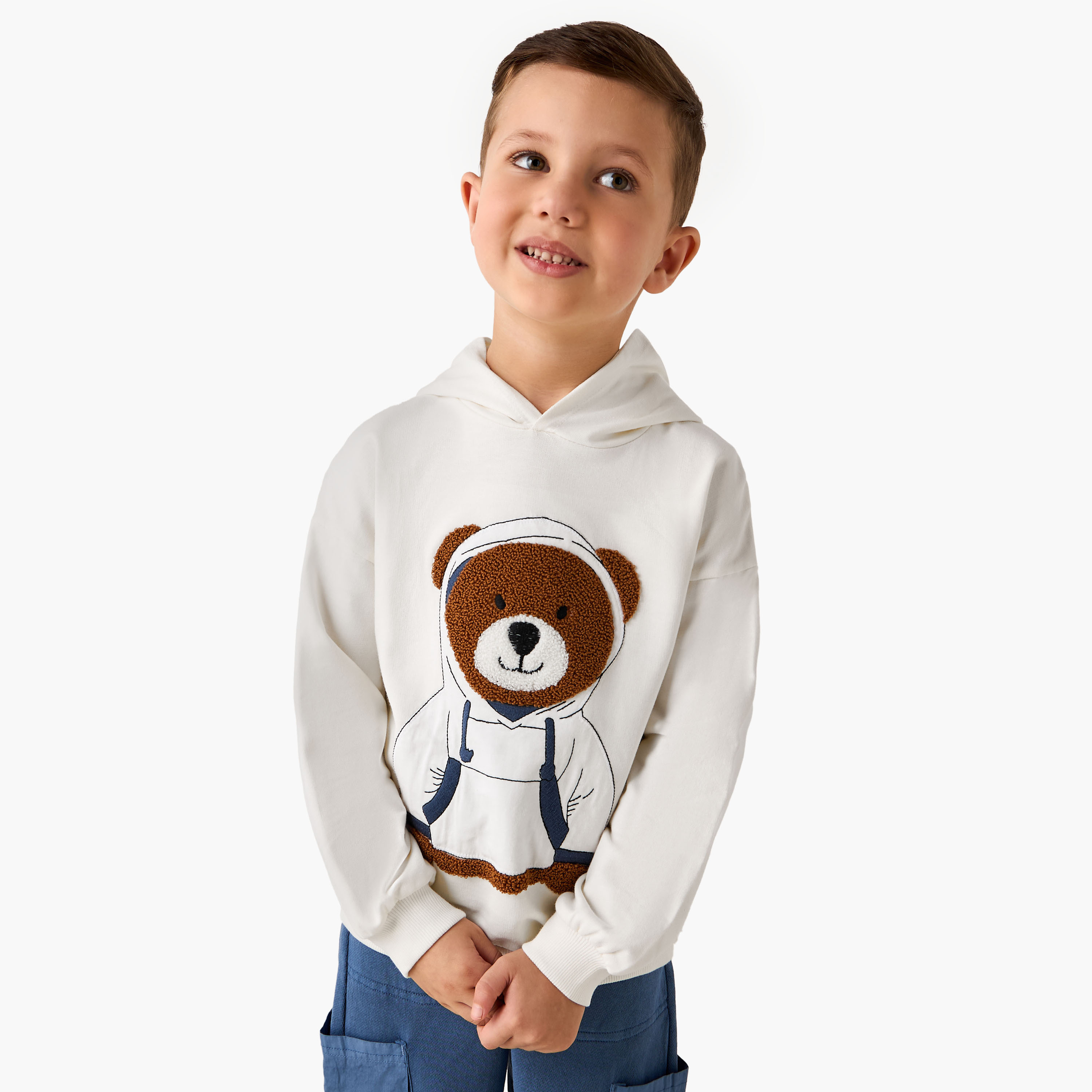 Juniors Bear Applique Hooded Sweatshirt with Long Sleeves-boys-clothing-sweatshirts-image-1