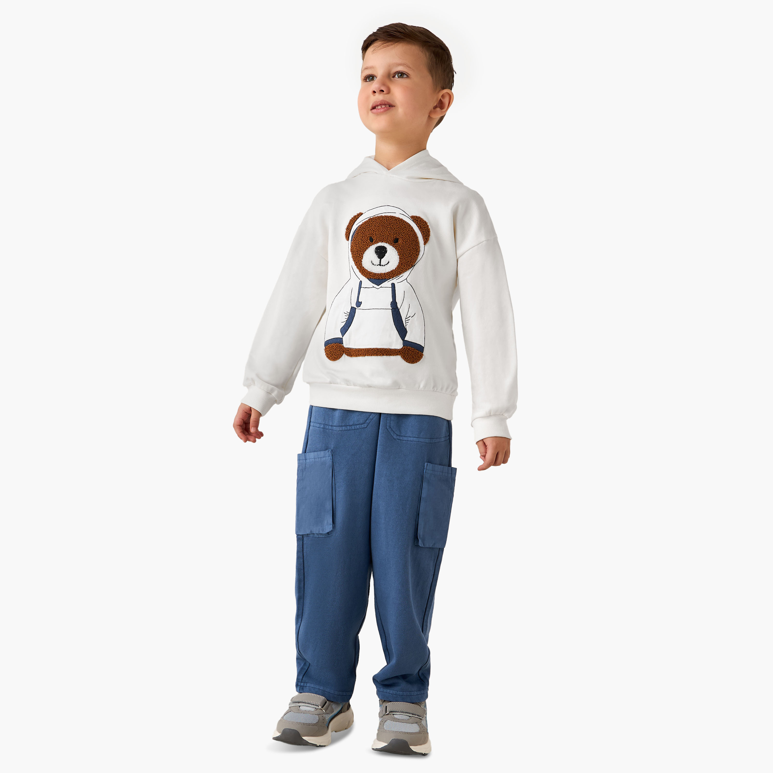 Juniors Bear Applique Hooded Sweatshirt with Long Sleeves-boys-clothing-sweatshirts-image-2