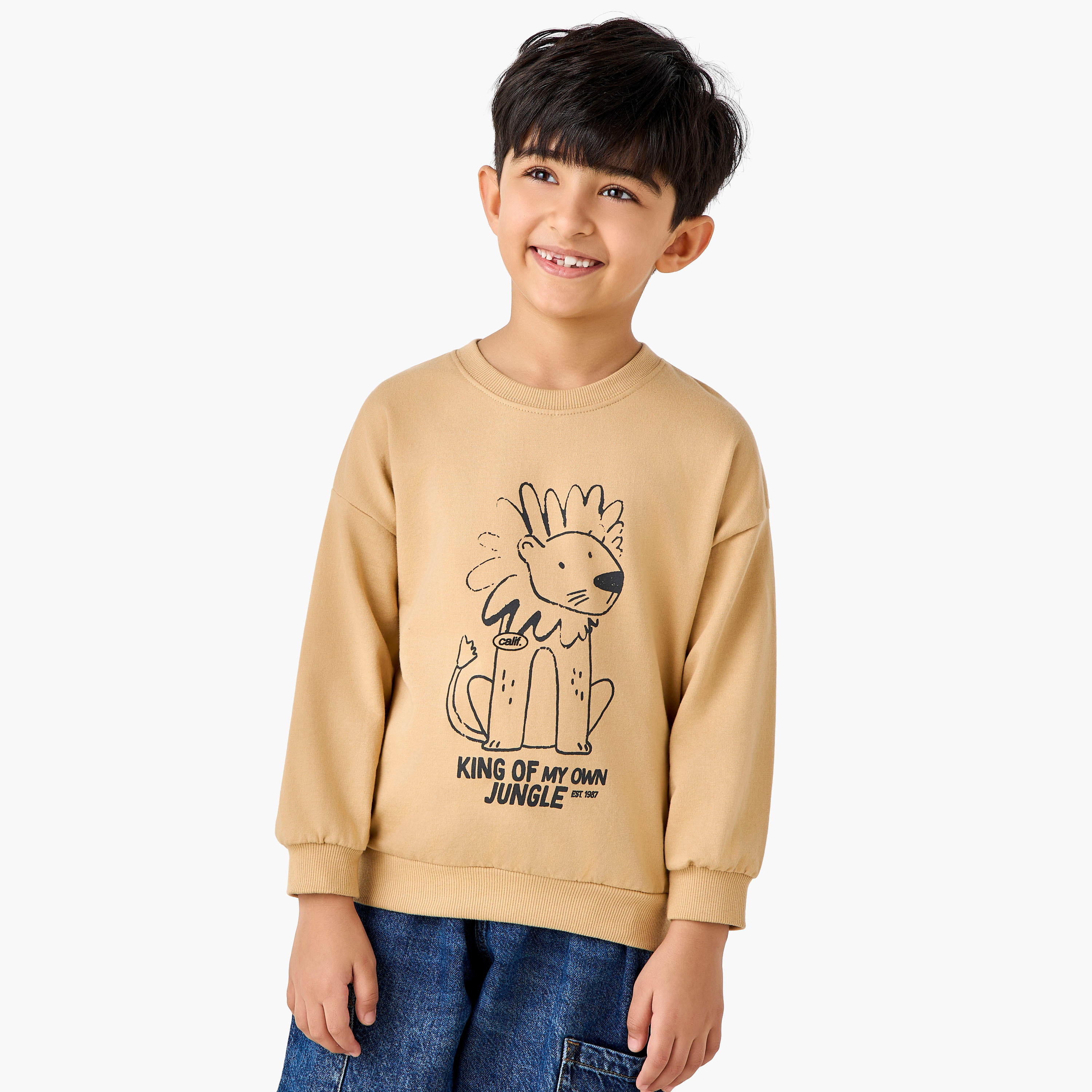 Juniors Lion Print Sweatshirt with Long Sleeves-boys-clothing-sweatshirts-image-1