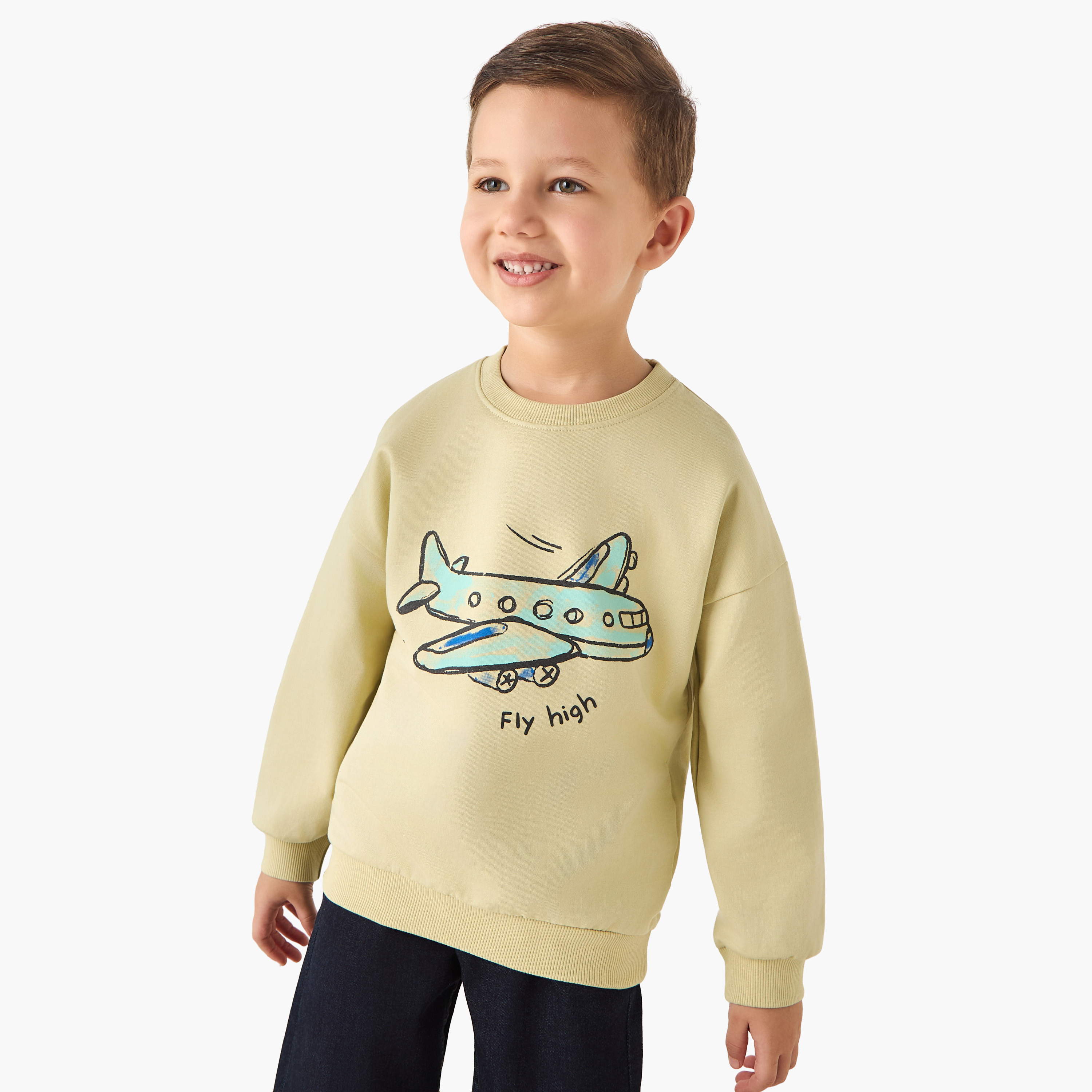 Juniors Aeroplane Print Sweatshirt with Long Sleeves-baby-boys-clothing-winterwear-sweatshirts-image-1