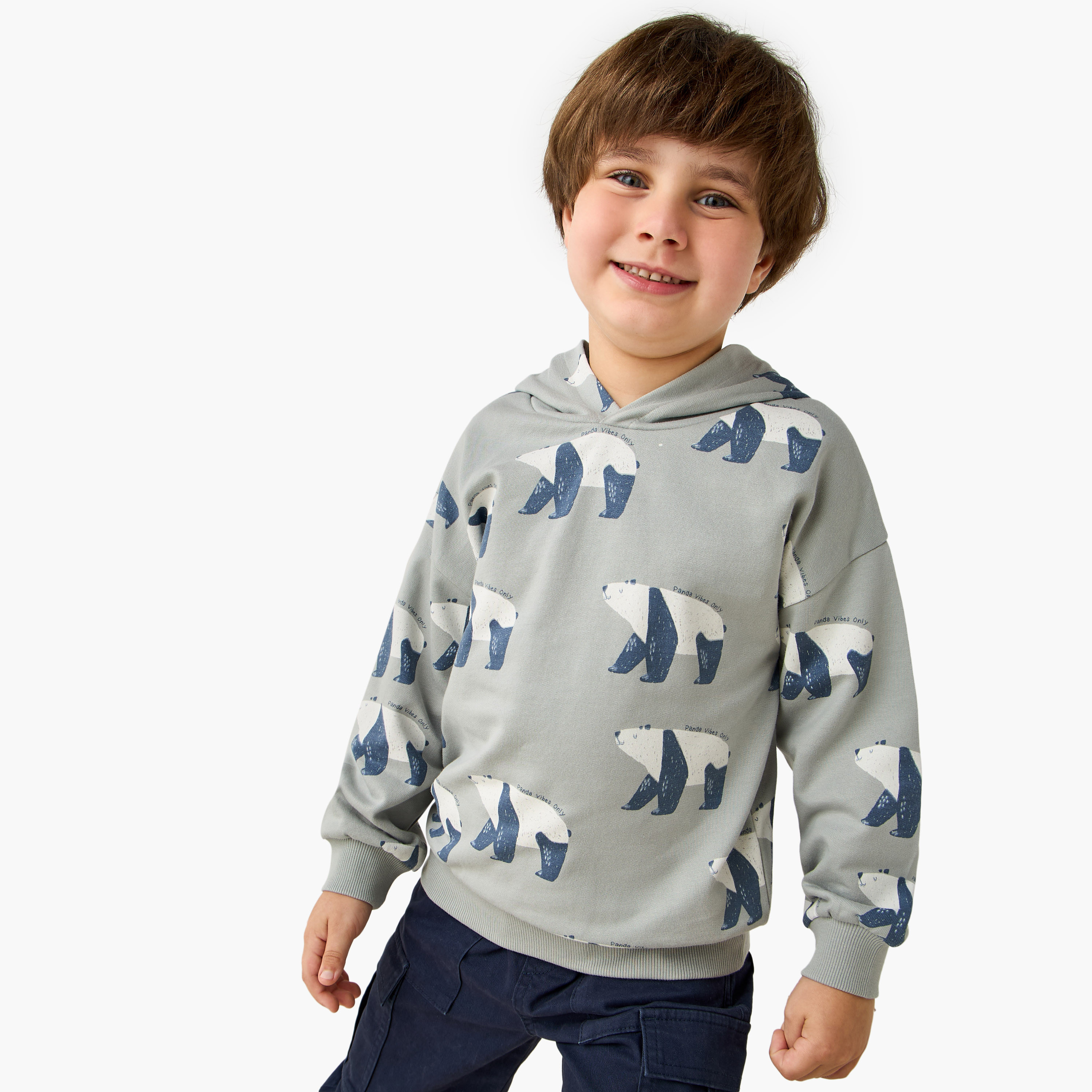 Juniors Panda Print Hooded Sweatshirt with Long Sleeves-boys-clothing-sweatshirts-image-1