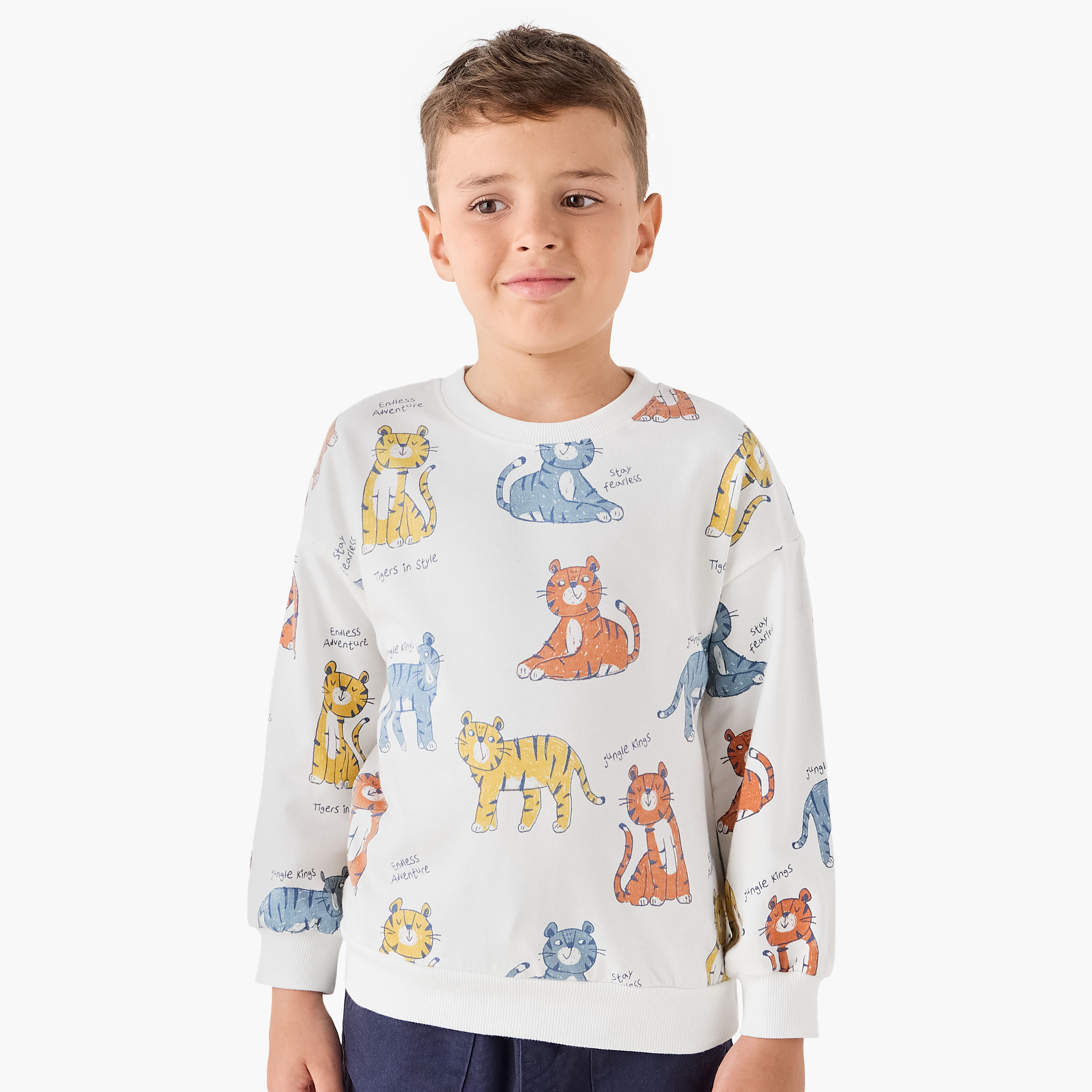 Juniors Tiger Print Sweatshirt with Long Sleeves-boys-clothing-sweatshirts-image-1
