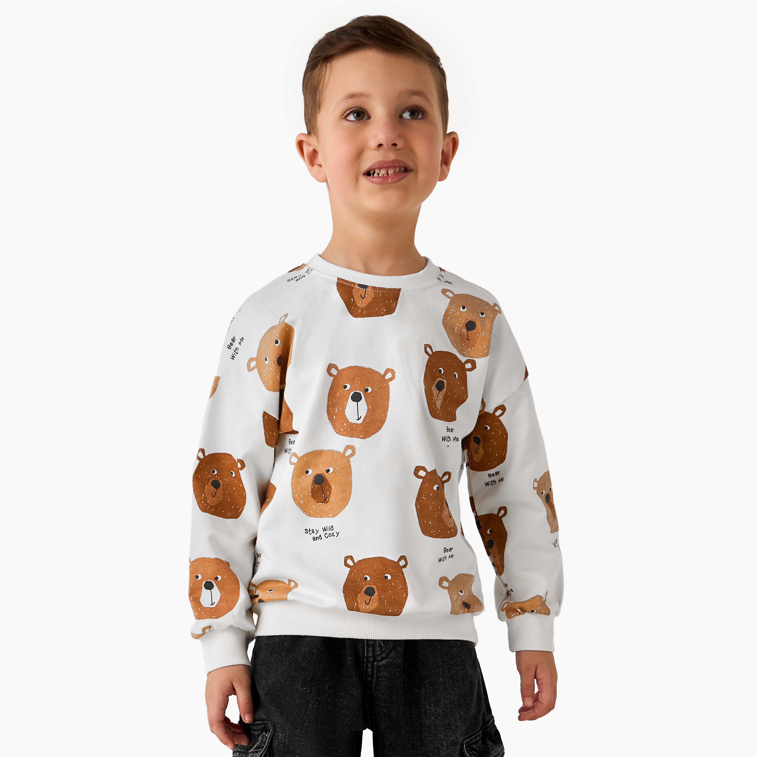 Juniors Bear Print Sweatshirt with Long Sleeves-boys-clothing-sweatshirts-image-1