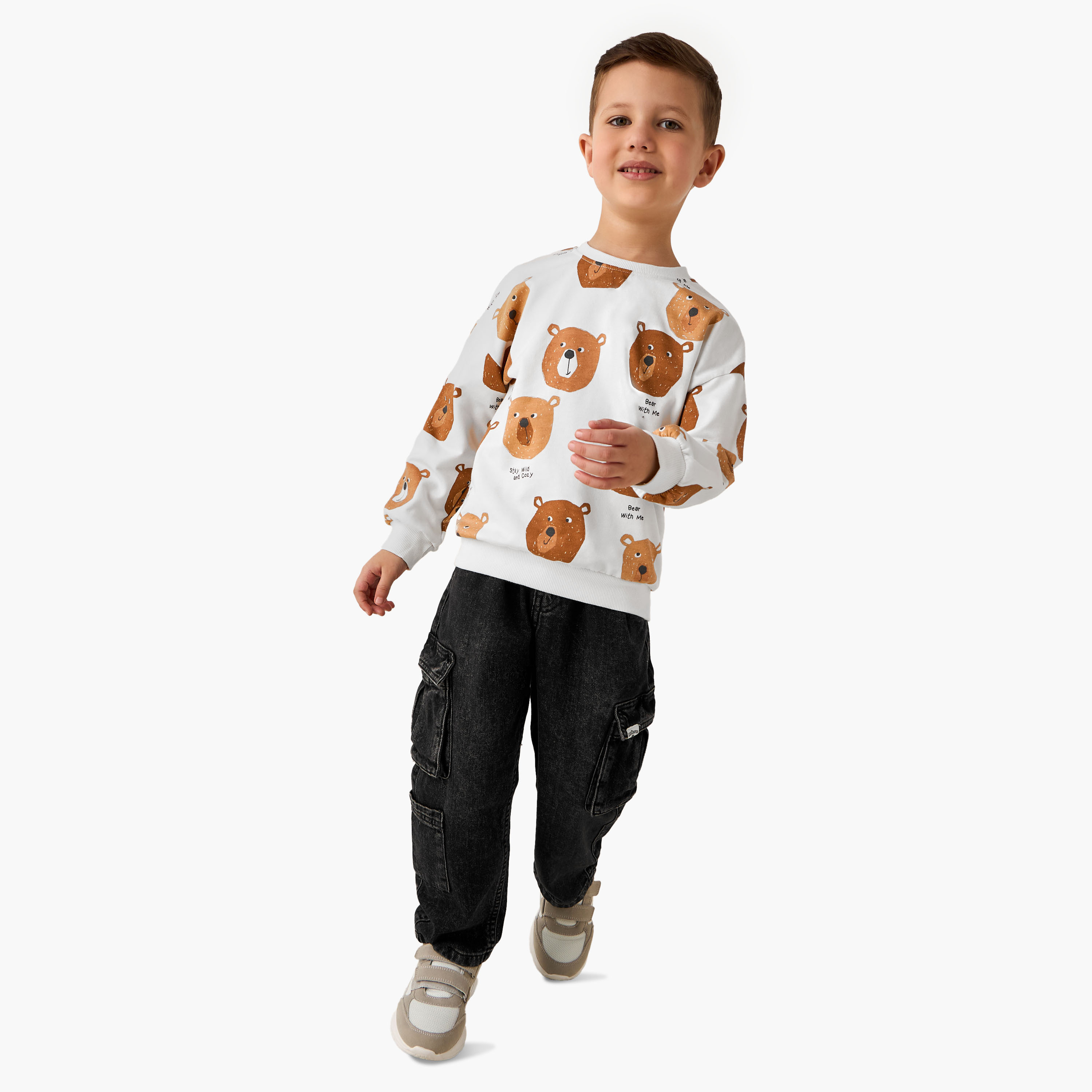 Juniors Bear Print Sweatshirt with Long Sleeves-boys-clothing-sweatshirts-image-2