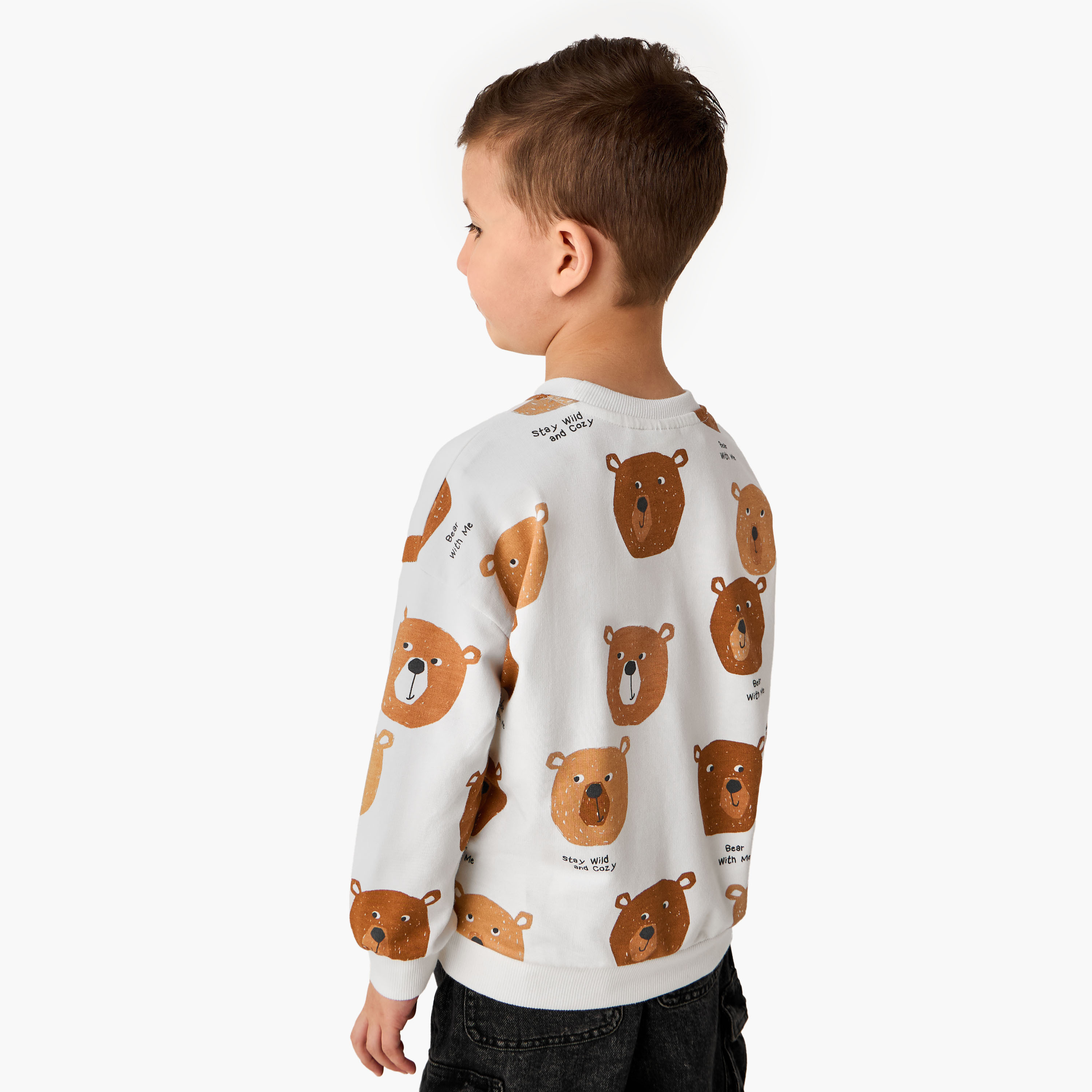 Juniors Bear Print Sweatshirt with Long Sleeves-boys-clothing-sweatshirts-image-3