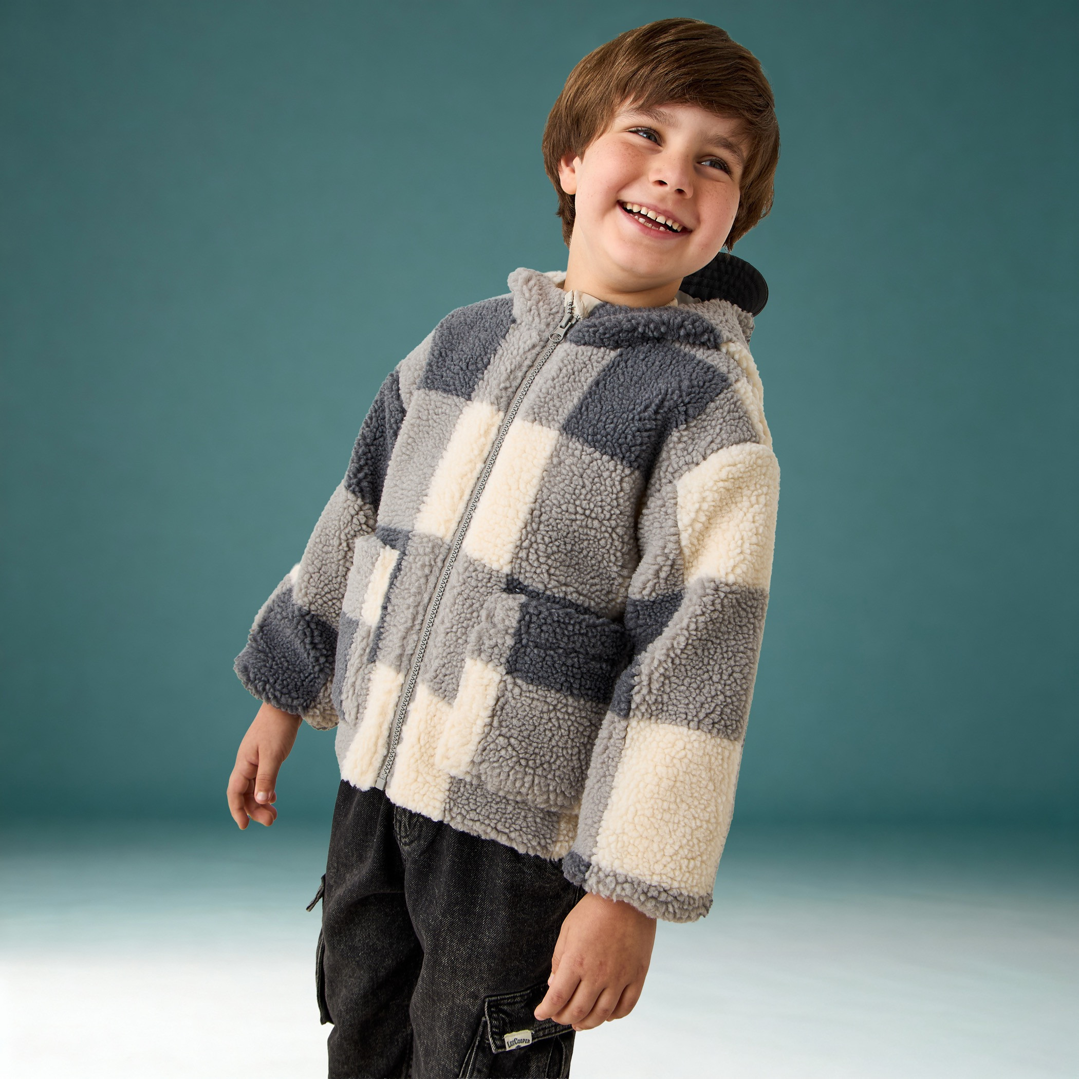 Juniors Checked Hooded Jacket with Long Sleeves-baby-boys-clothing-jacketsandblazers-image-1