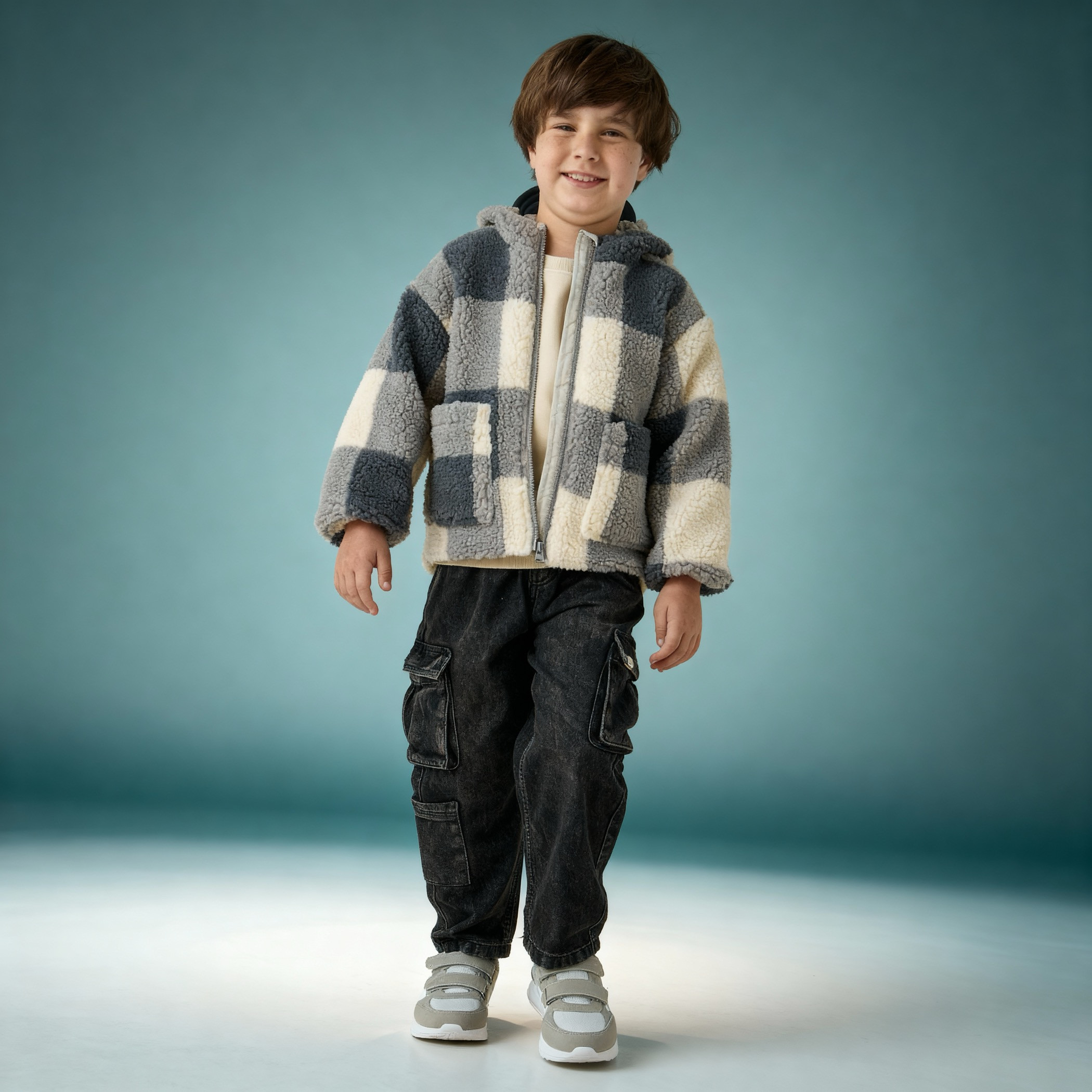Juniors Checked Hooded Jacket with Long Sleeves-baby-boys-clothing-jacketsandblazers-image-2